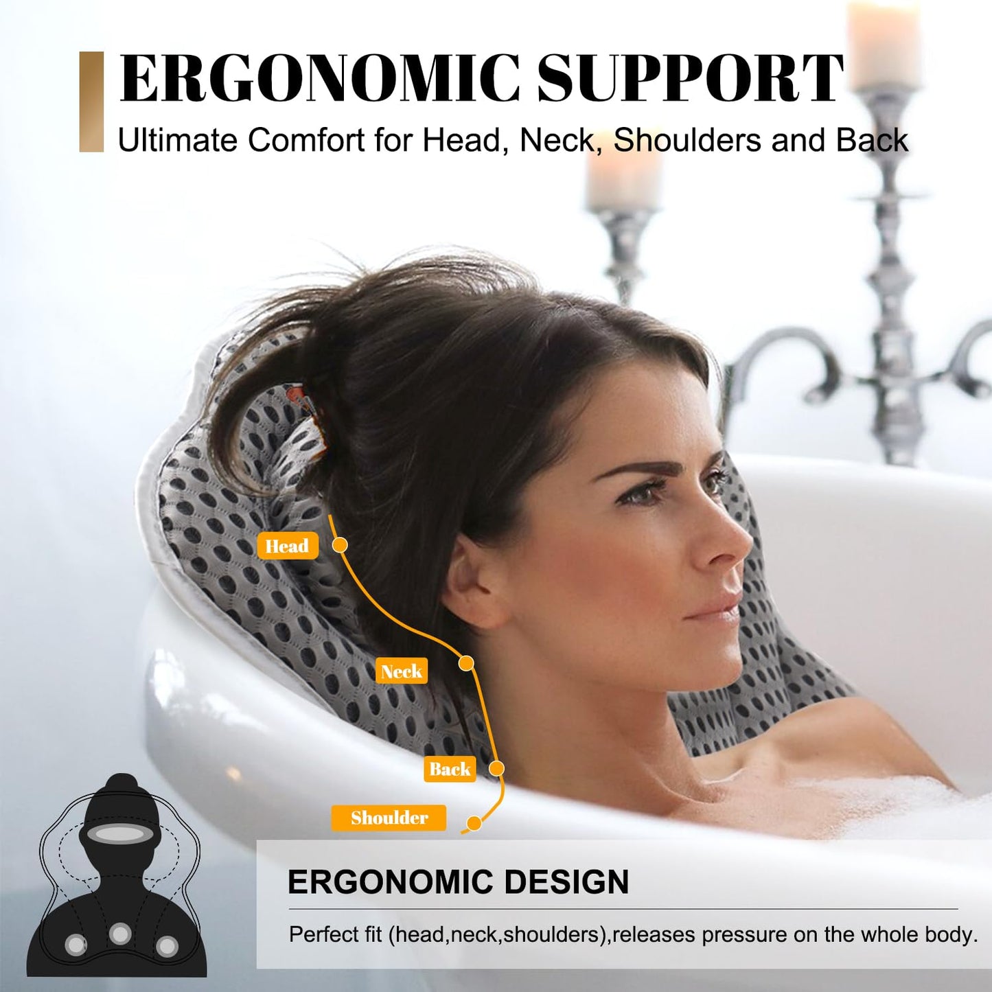 Bath Pillow Spa Bathtub Pillow with Non-Slip Suction Cups, Head, Neck, Back & Shoulder Rest Support, Soft & Luxury Bathtub Cushion, Bath Pillow Fit Hot Tub, Bathtub (Grey)