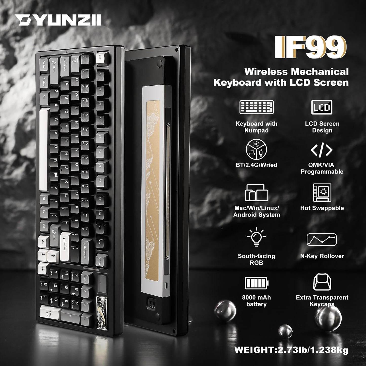 YUNZII IF99 Wireless Mechanical Gaming Keyboard with Smart LCD Display, QMK/VIA Programmable BT/2.4G/USB-C Gasket Mounted Hot Swap RGB 96% Layout for Mac/Win (Black, Gateron Zero Switch)