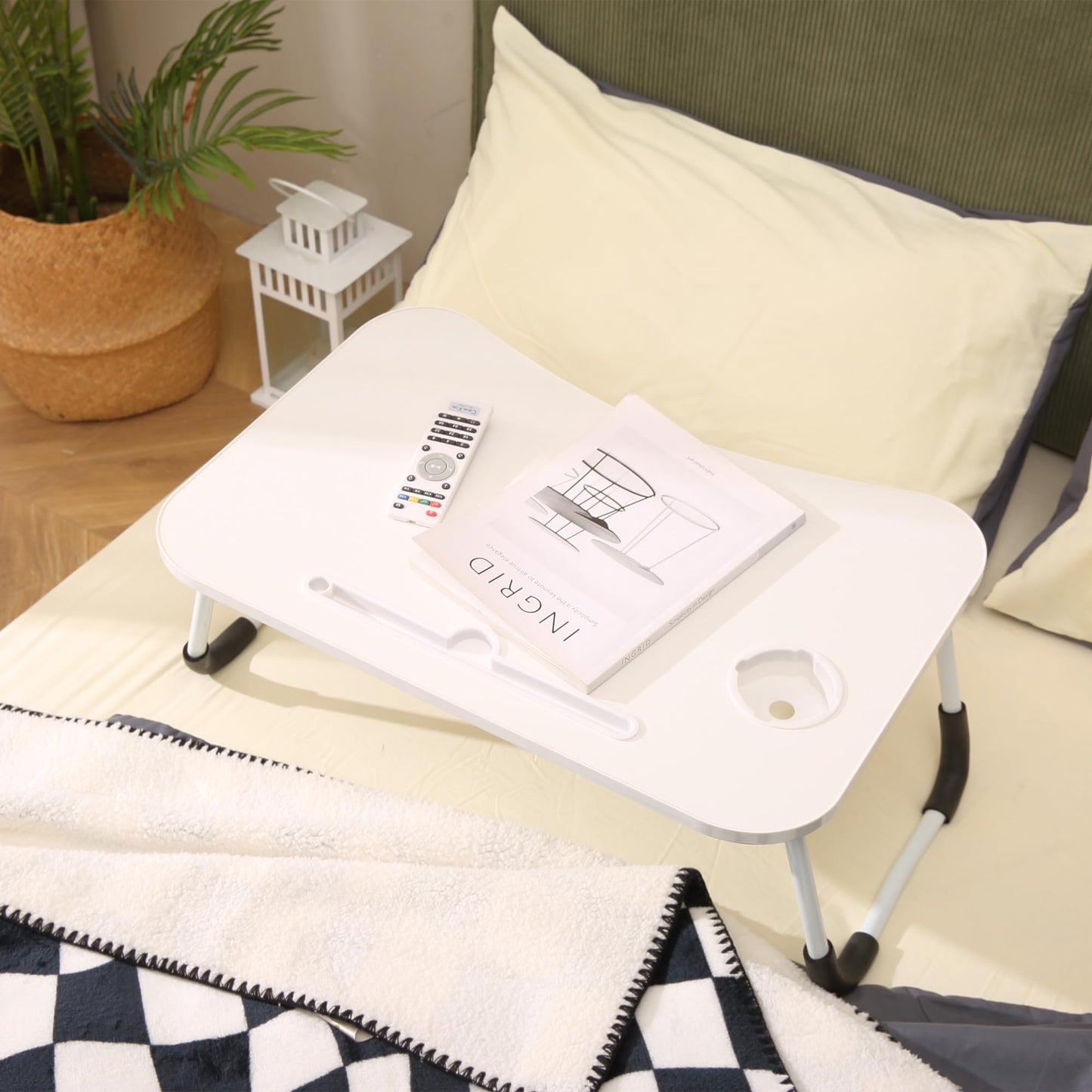 EAQ Laptop Bed Desk,Bed Table Portable Foldable Laptop Bed Tray Table with Cup Holder/Storage Drawer/Bookshelf Board for Bed/Couch/Sofa Working, Reading (White)