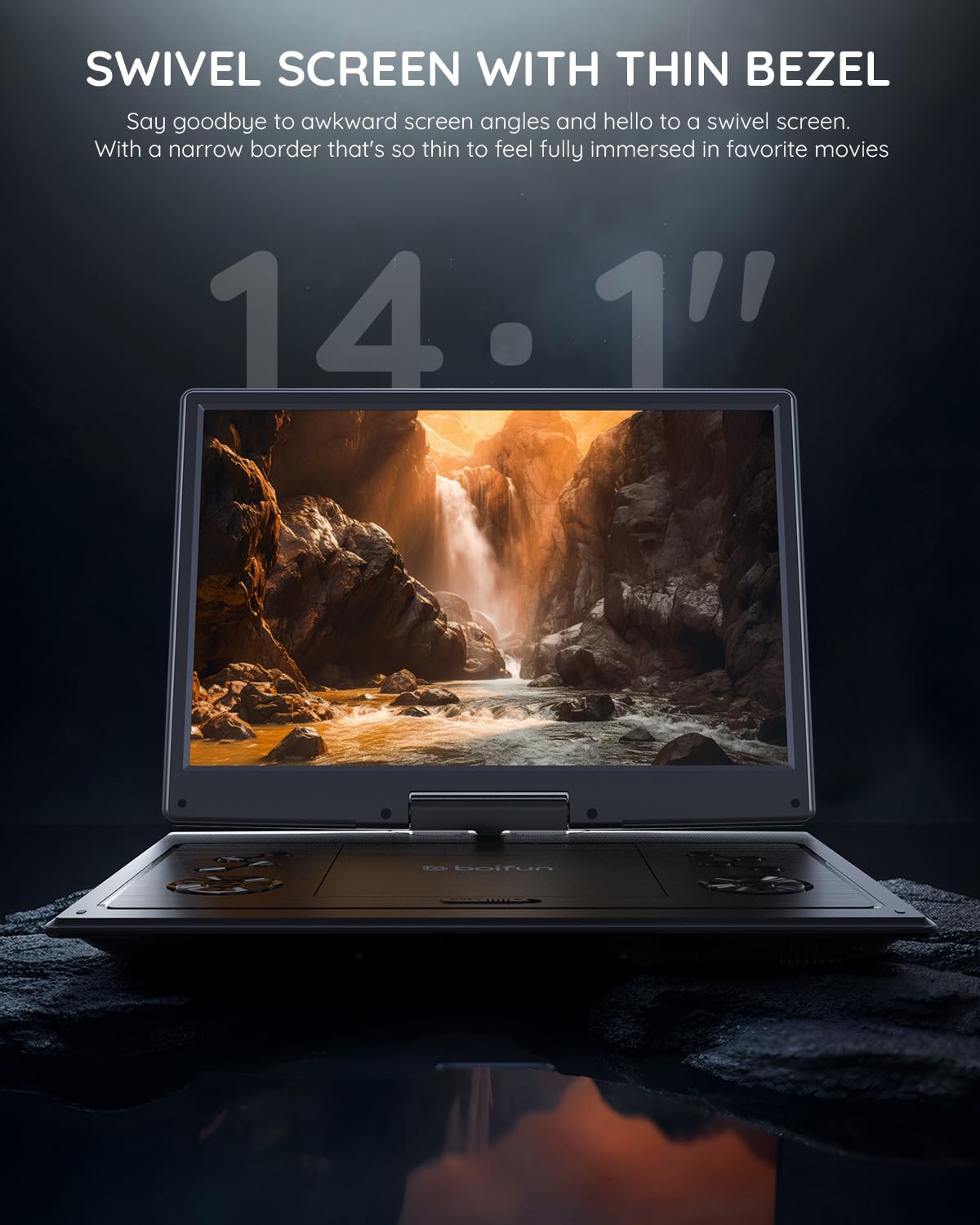 BOIFUN 15.7" Portable DVD Player with 14.1" Large HD Swivel Screen for Car and Kids, Built-in 6 Hrs Rechargeable Battery, Dual Stereo Speaker/Sync TV/Region Free/USB/SD, Classic Black