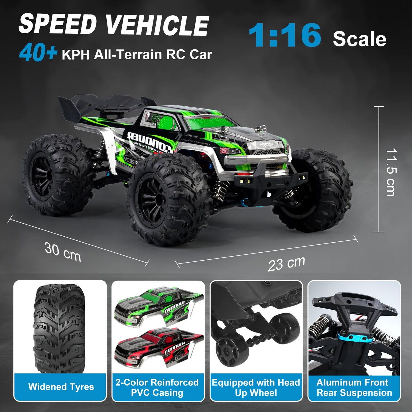 GAMRUXI 1:16 Scale 4WD High-Speed RC Car, 40+KM/H Off-Road Remote Control Truck for Adults & Teens - All Terrain Electric Vehicle with 2 Rechargeable Batteries & 2.4GHz - Gift Idea(Green&Red)