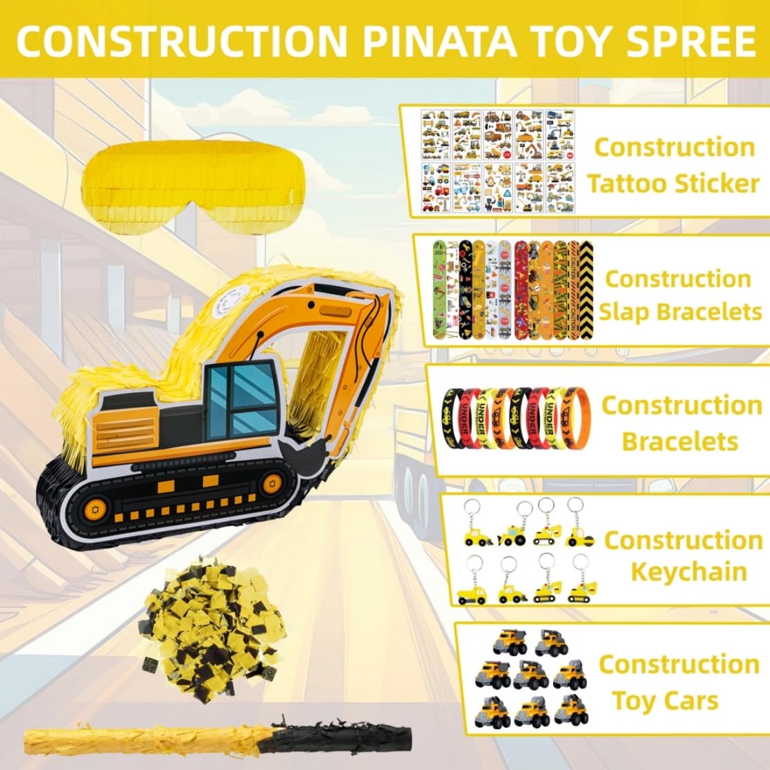 Construction Pinata Party Favors Construction Birthday Party Decorations for Boys Excavator Pinata Truck Party Supplies with Stickers Slap Bracelets Keychains Silicone Bands Mini Trucks (Construction)