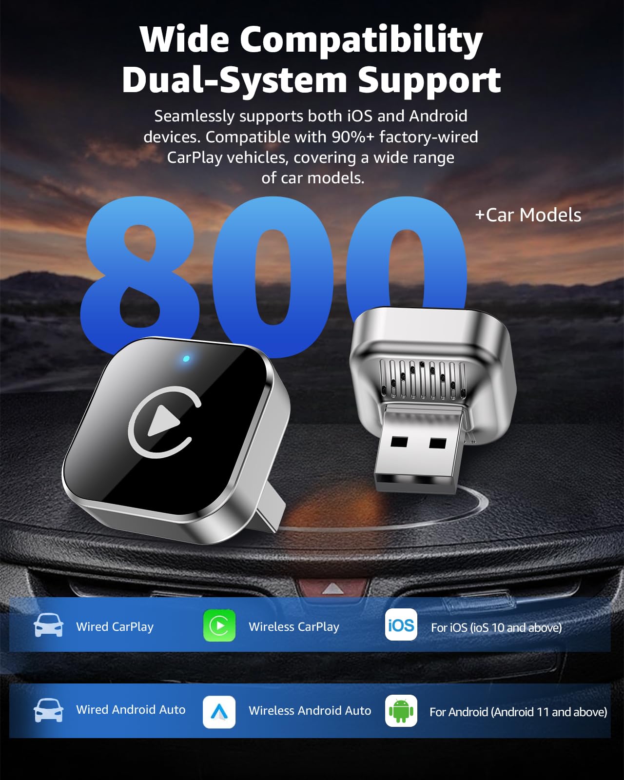 Wireless CarPlay Adapter, CarPlay Wireless Adapter Plug & Play USB/USB-C, 2-in-1 Converts Wired to Wireless CarPlay, Android Auto Wireless Adapter, Compatible with iPhone iOS 10+ & Android Auto