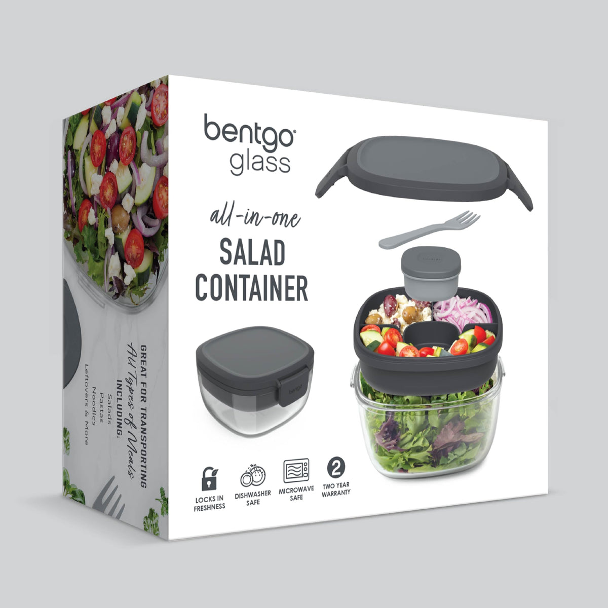 Bentgo Glass Salad Container - 7.6 Cup Salad Bowl with Airtight Lid, Leakproof Sauce Container, 4 Compartment Bento Tray and Reusable Fork - BPA Free for