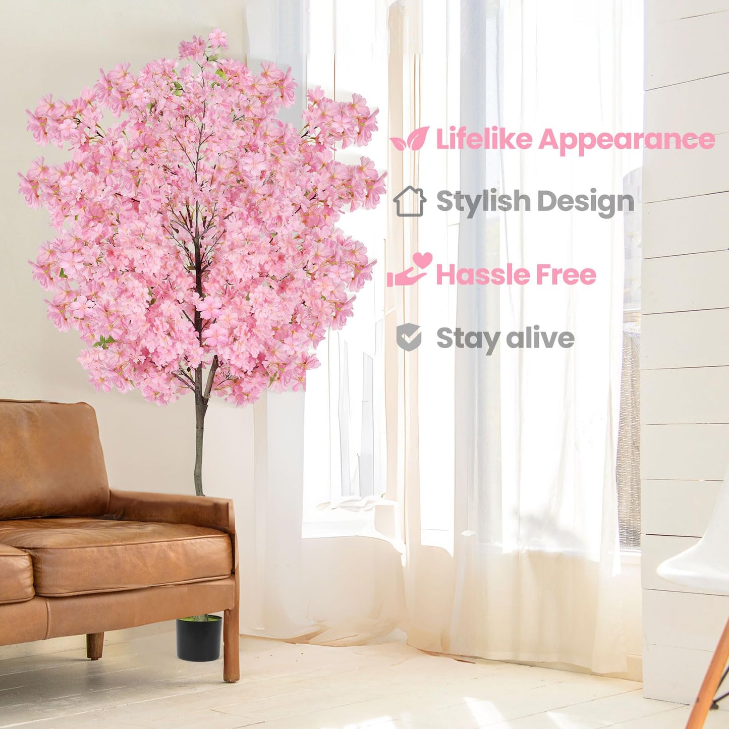 6Ft Tall Cherry Blossom Artificial Tree,Fake Pink Cherry Blossom Tree,Lifelike Decorative Plant in Pot for Indoor/Outdoor, Christmas, Garden,Home Office Dec