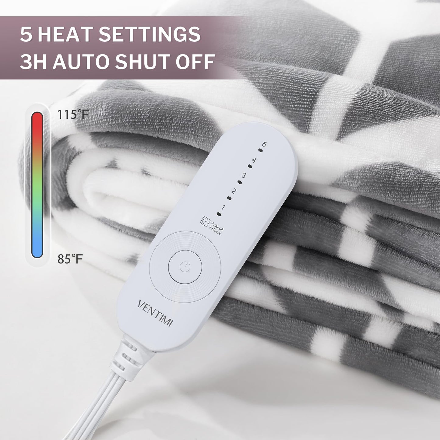 VENTIMI Electric Blanket Heated Throw, 50" x 60" Heated Blanket with 5 Heat Levels & 3 Hours Auto Off, Fast Heating Blankets with ETL & FCC Certification, Grey