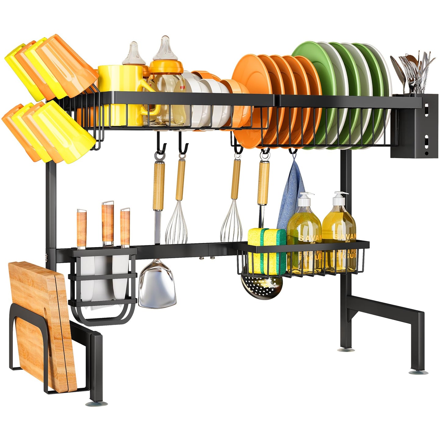 Over The Sink Dish Drying Rack, Adjustable (26.8" to 34.6") Large Dish Drying Rack for Kitchen Counter with Multiple Baskets Utensil Sponge Holder Sink Caddy, 2 Tier Black