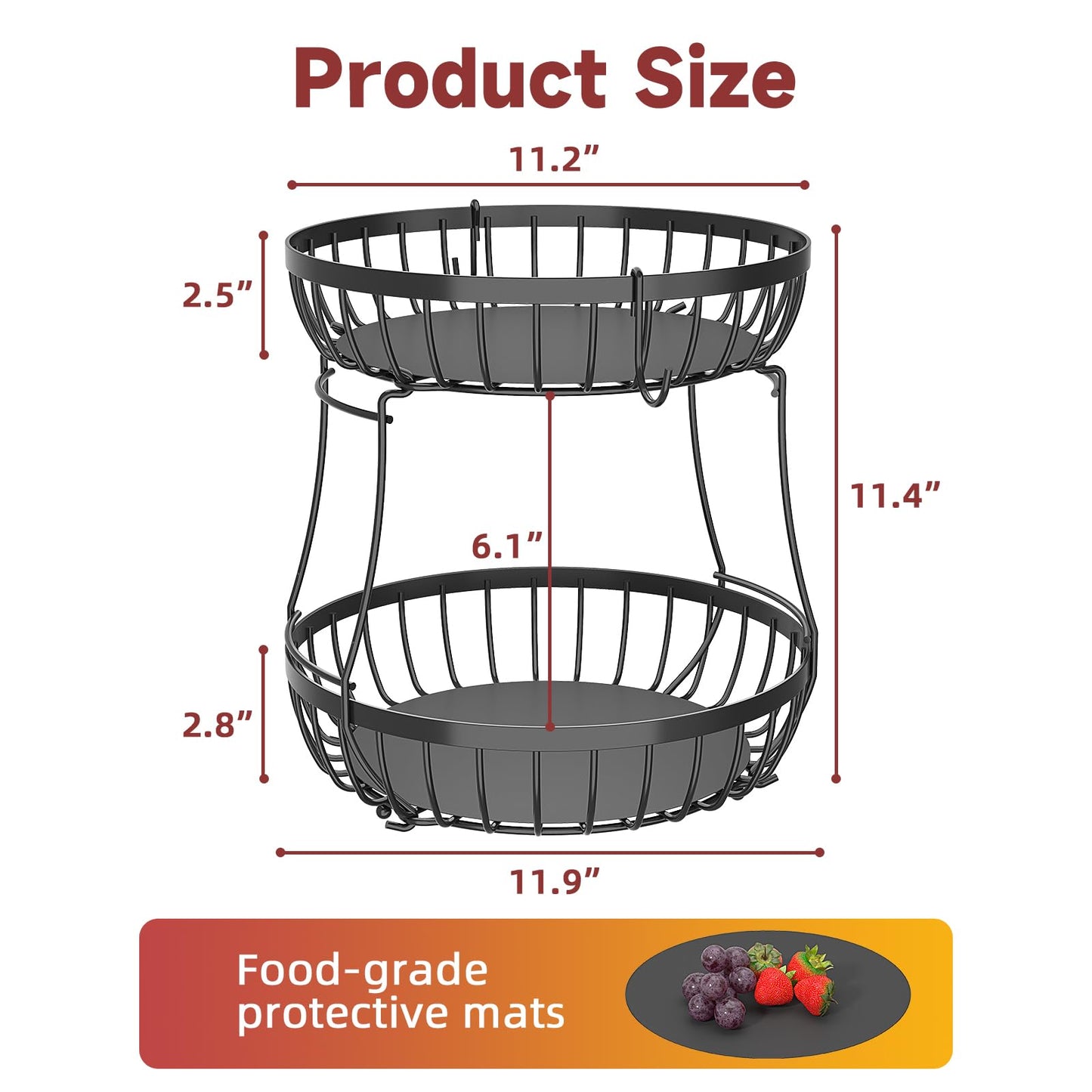 Sevenblue 2 Tier 2026 Large Fruit Basket for Kitchen Counter with 2 Banana Hangers, Detachable Metal Fruit Bowl, Stackable Fruit Holder for Bread Snack Veggies, Black Extra Large