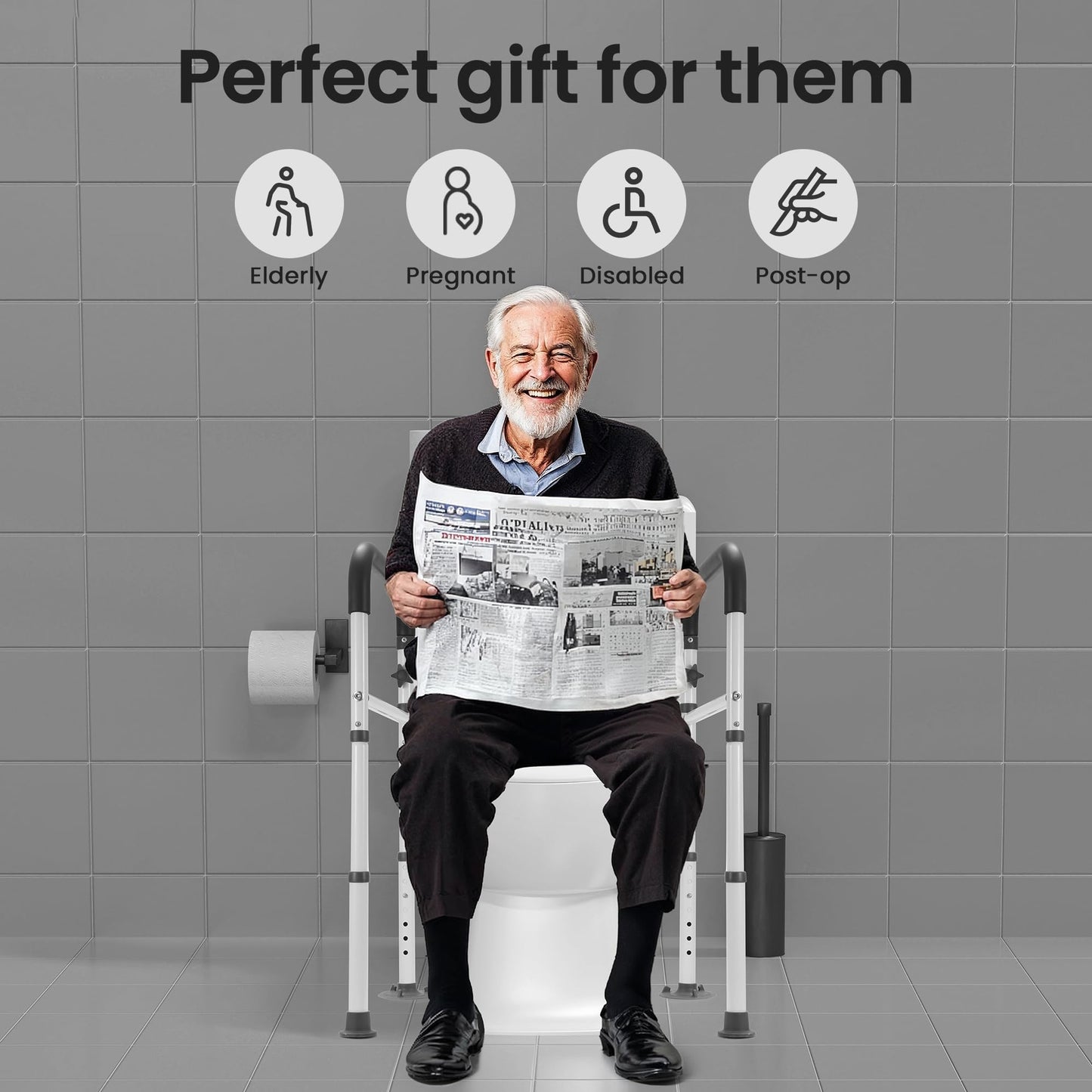 Careboda Toilet Safety Frame Rails, Toilet Handles for the Elderly Disabled, Adjustable, Stand Alone Non-Slip Toilet Frame, Removable Folding Handrails, Fits most Toilet Seats, 300lbs Capacity