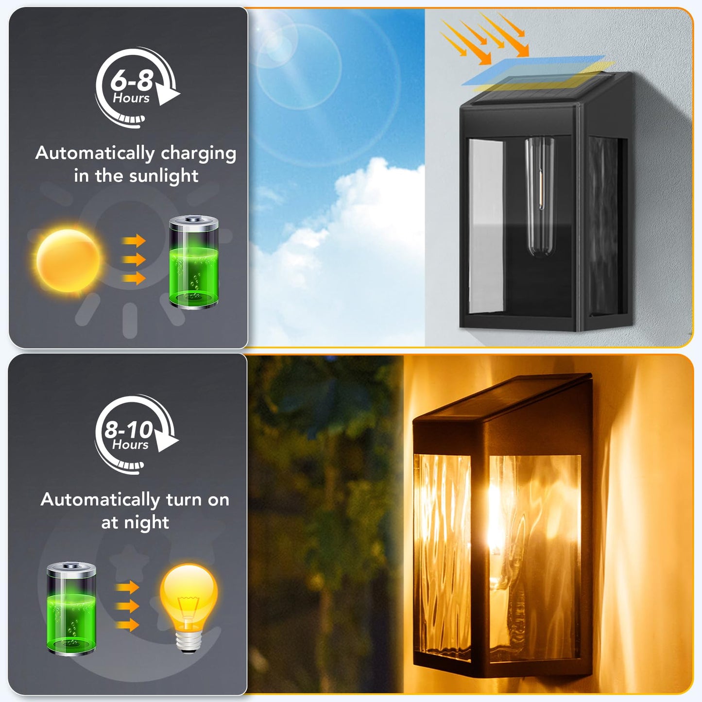 Solar Wall Light Outdoor, 4 Pack Solar Fence Lights with Auto On/Off, Waterproof, Dusk to Dawn Porch Lights Fixture for Wall Patio Porch Hallway Stairs Backyard Entryway Front Door, Warm White