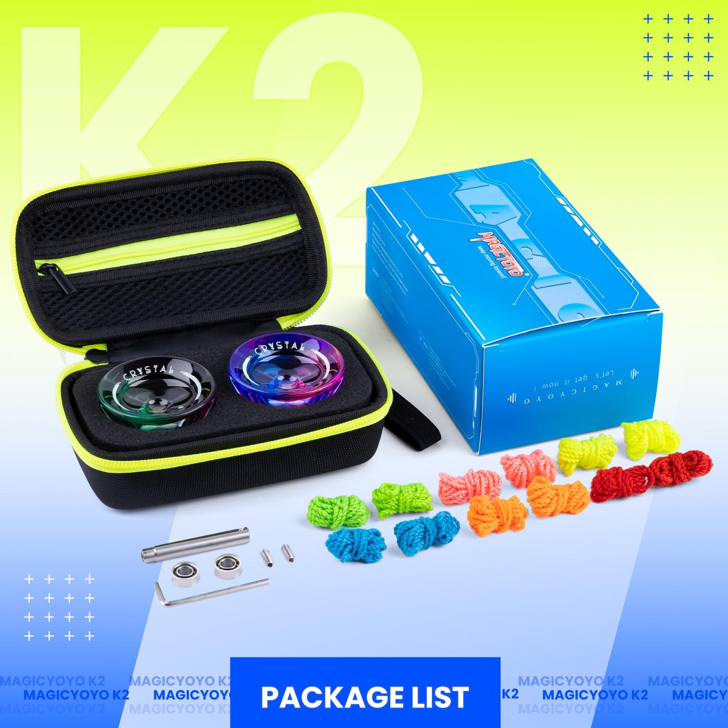 MAGICYOYO K2 Professional Yoyo Set - 2 Pack Dual Mode (Responsive/Unresponsive) with 12 Strings, Bearing Tool & Case - Best for Kids/Beginners (Crystal Gradient)