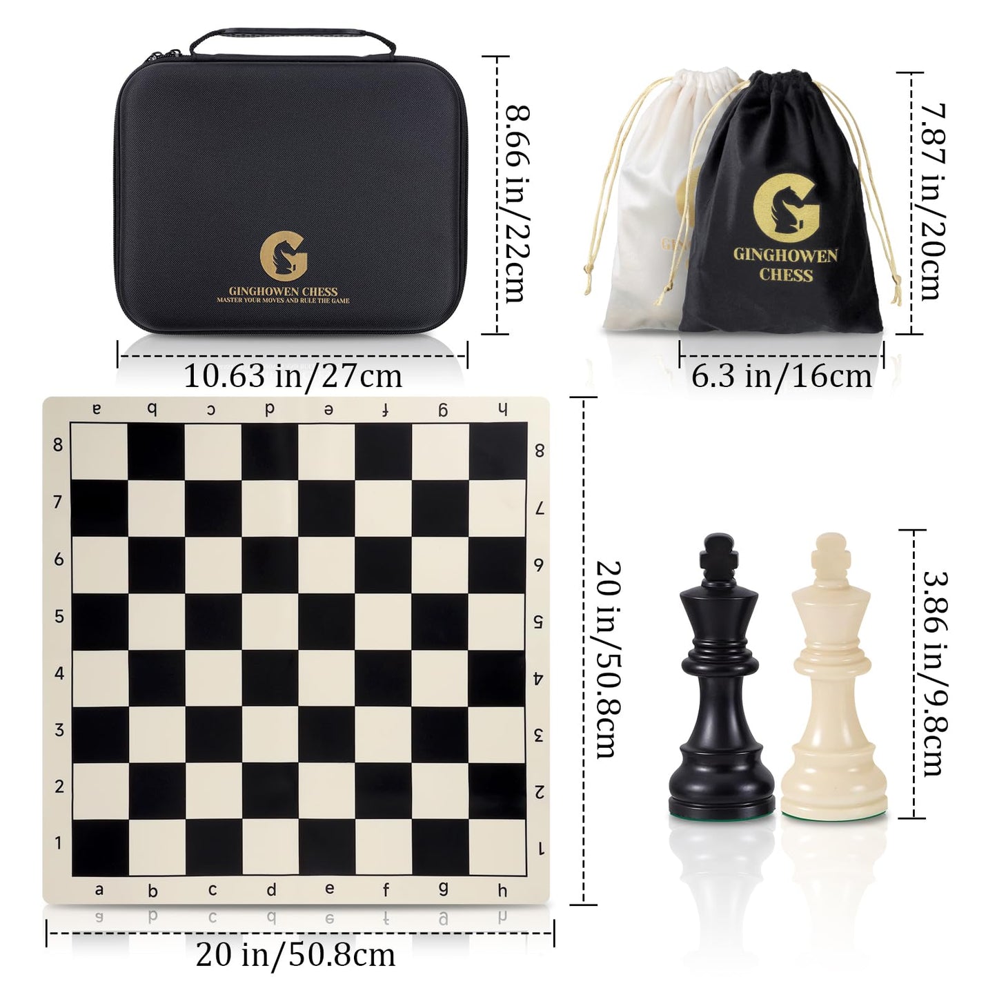 Chess - 20" Silicone Chess Board Set, 3.86" King Height Weighted Pieces with 2 Extra Queens, Foldable Chessboard Portable Travel Tournament Chess with Carrying Storage Bag