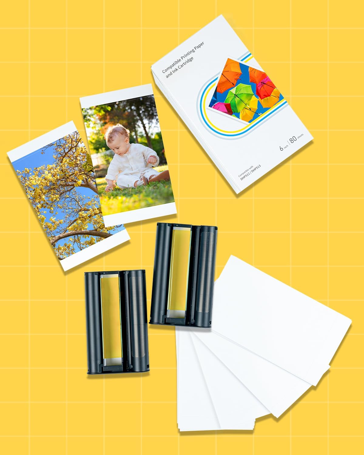 Compatible with Liene Amber M100/M200/M110/M210 4" x 6" Photo Printer 80 Sheets Photo Paper & 2 Ink Cartridges Refill, for DHP512/DHP513/DHP514/DHP515, Dye Sublimation, for Display, Framing