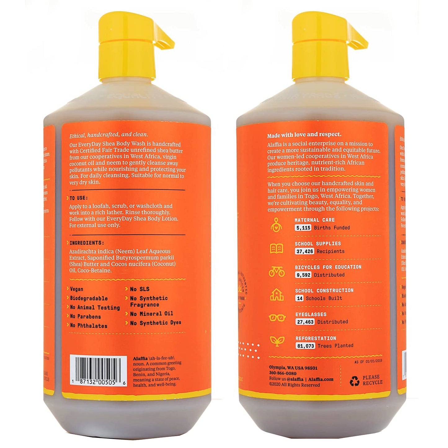 Alaffia Everyday Shea Body Wash, Naturally Helps Moisturize and Cleanse Without Stripping Natural Oils with Fair Trade Shea Butter, Neem, and Coconut Oil, Unscented, 2 Pack - 32 Fl Oz Ea