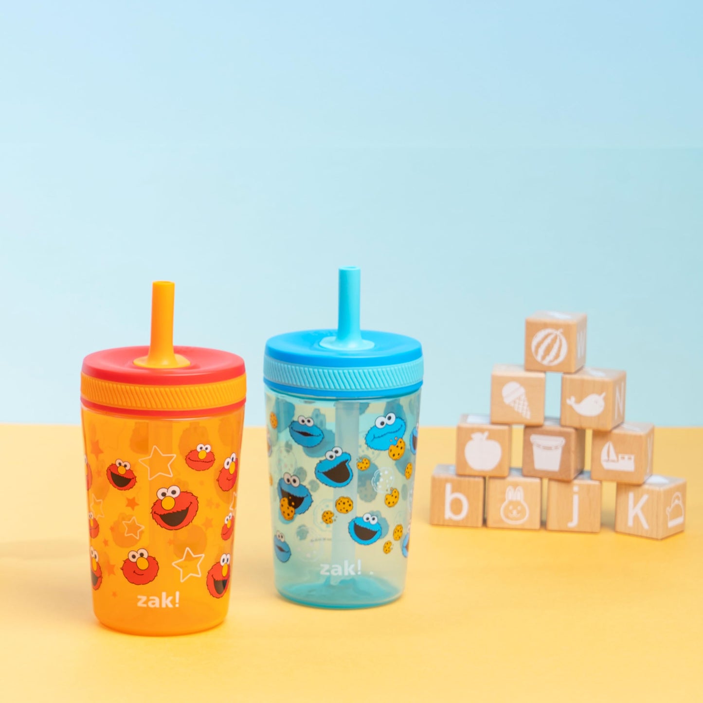 Zak Designs Sesame Street Kelso Toddler Tumblers for Travel or at Home, 15oz 2-Pack Durable Plastic Sippy Cups with Leak-Proof Design is Perfect for Kids (Elmo and Cookie Monster)