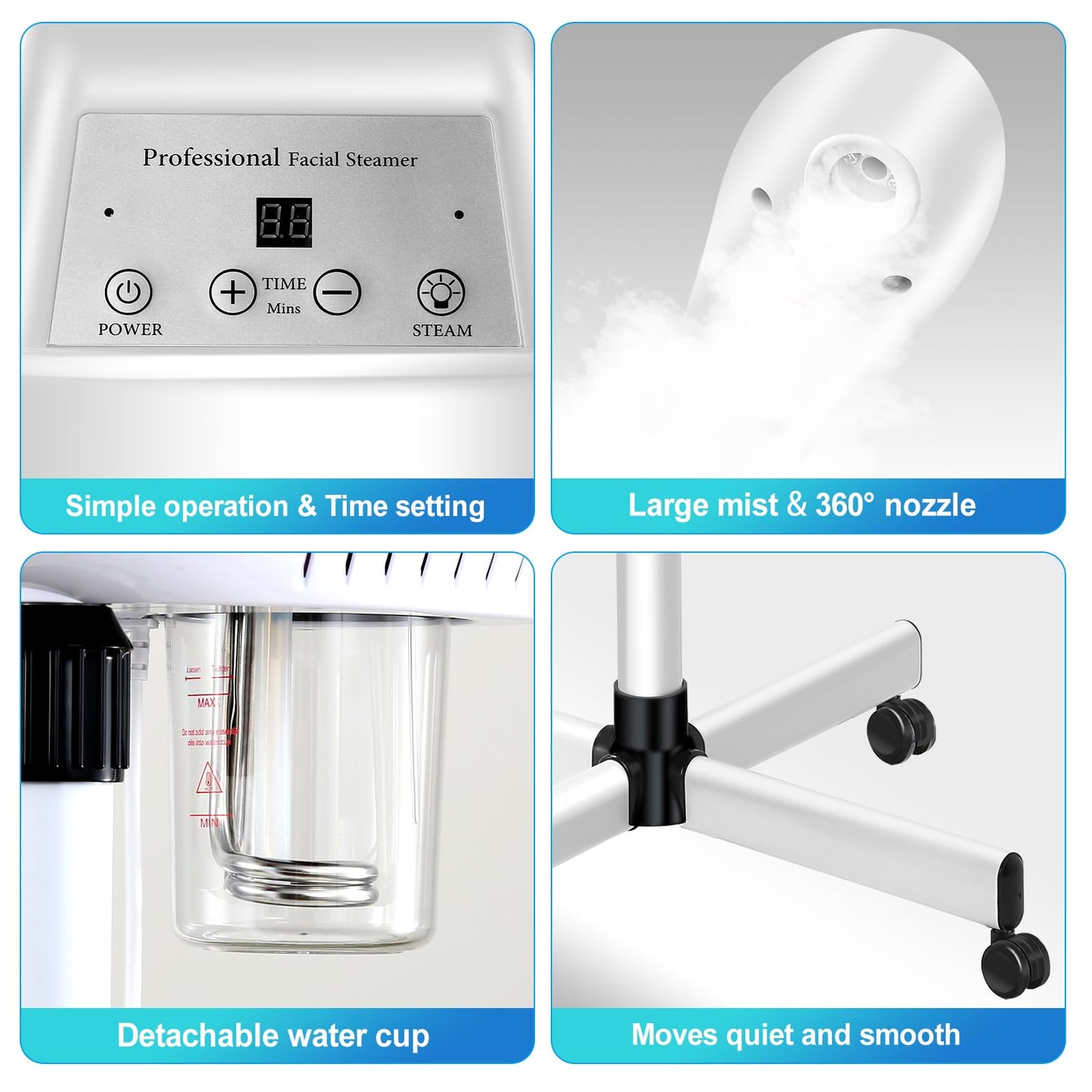 Professional Facial Steamer on Wheels, Esthetician Steamer with Hot Ozone Mist, Stand Face Steamer for Facial Deep Cleaning, Steamer for Facial for Personal Care or Spa, White