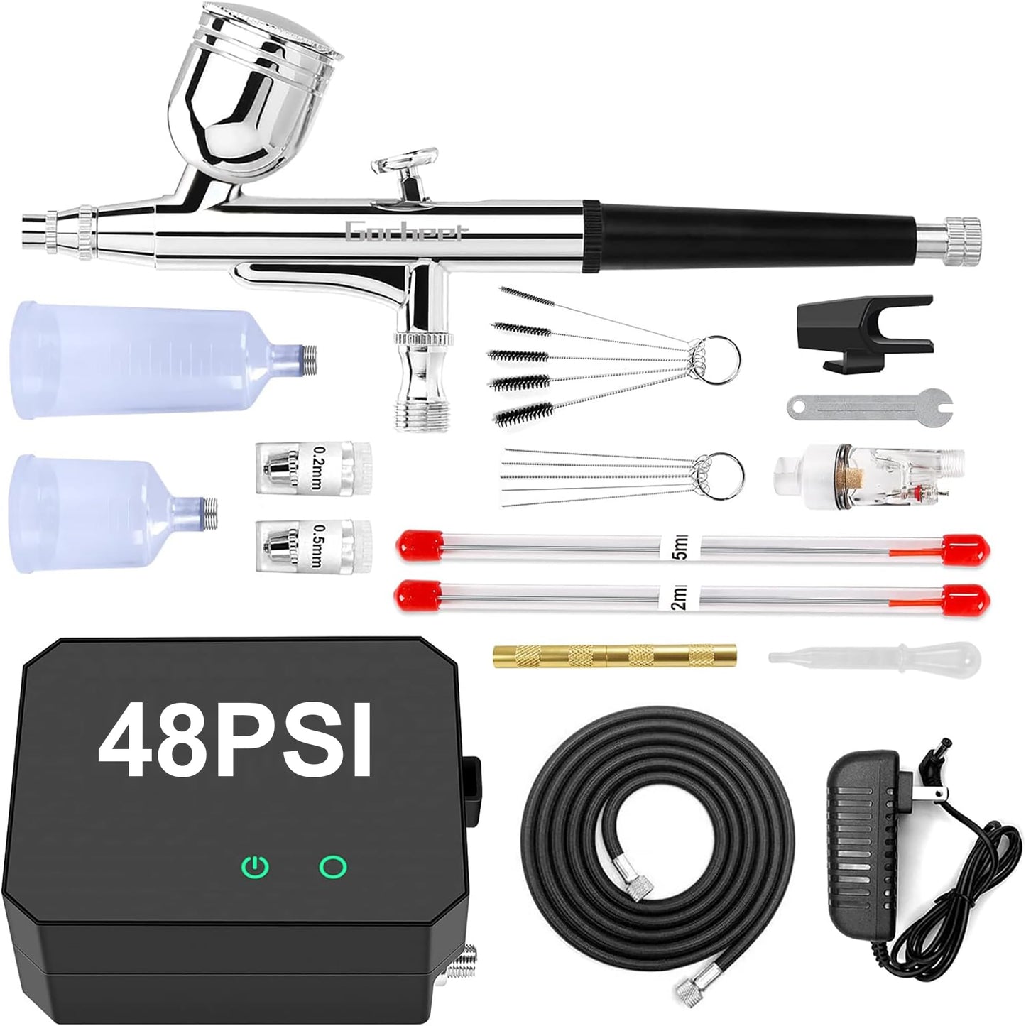 Gocheer Airbrush Kit with Air Compressor, 48 PSI Air Brush Non-Clogging with 0.2/0.3/0.5mm Nozzle and Cleaning Brush Sets, Ideal for Painting, Modeling, Artistry, Cake Decor, Makeup, Nail Art B