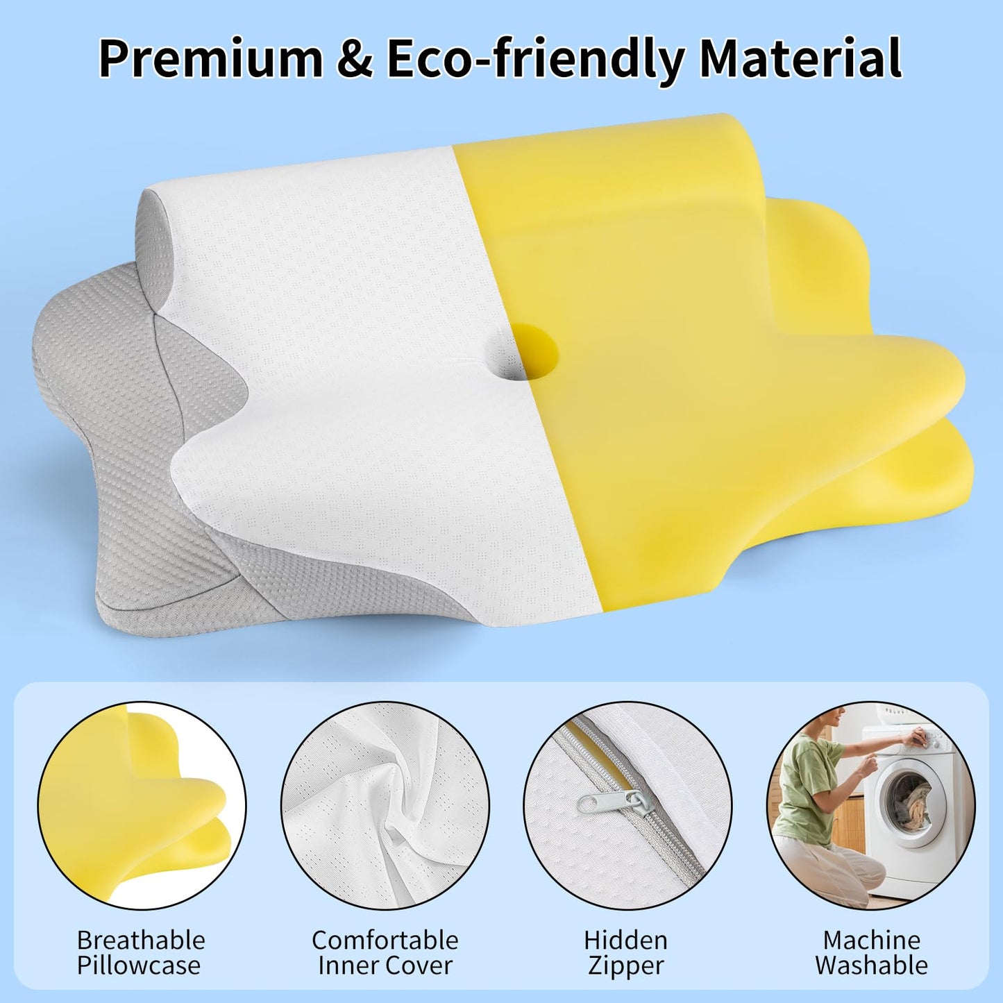 ZJZ Cervical Pillow, Ergonomic Pillow, Cervical Neck Pillow, Neck Pillow, Pillow for Neck Pain, Orthopedic Bed Pillow for Side Back Stomach Sleepers
