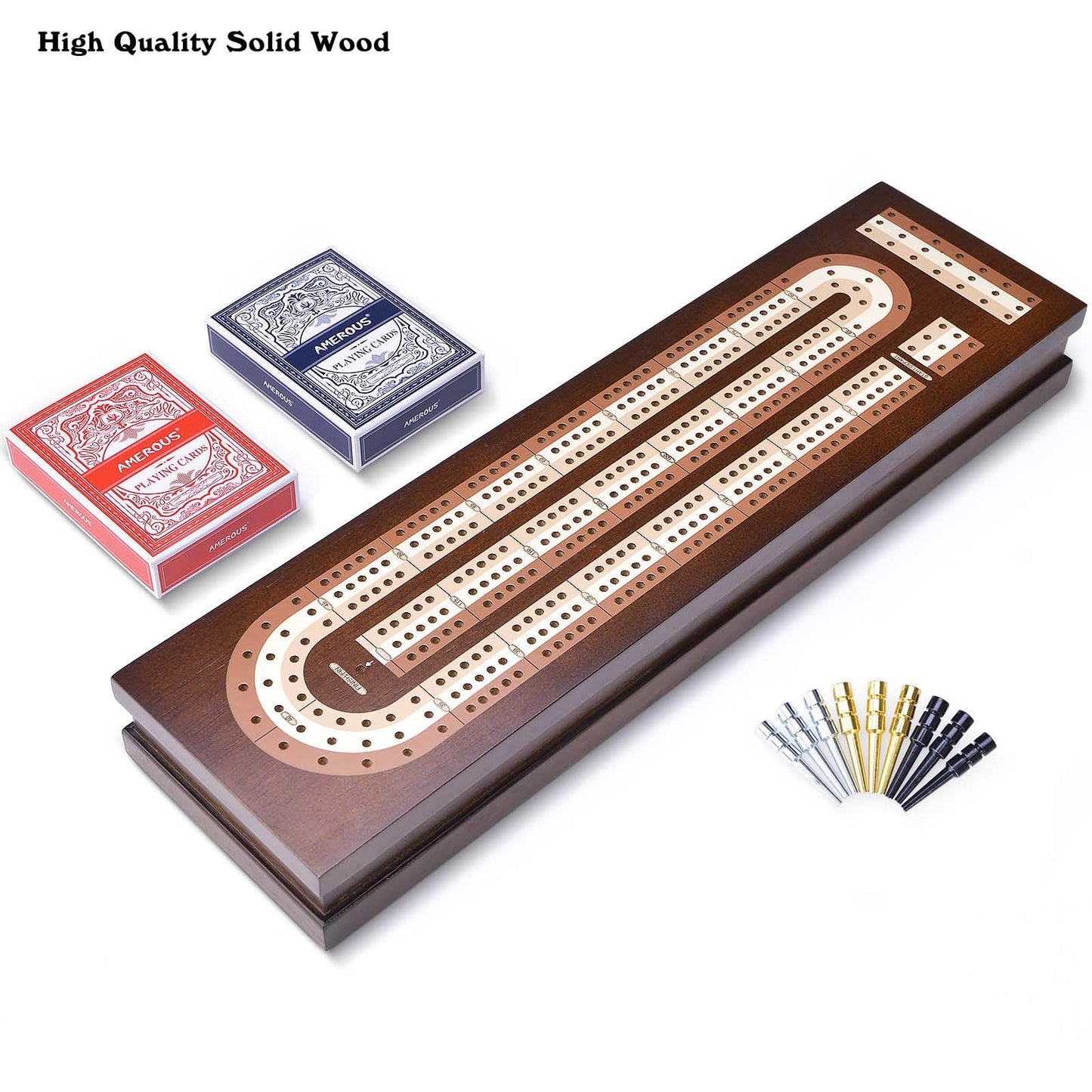 AMEROUS Wooden Cribbage Board Game Set with Magnetic Lock - Metal Pegs - 2 Playing Cards - Continuous 3 Track Board - Larger Storage Area - Instructions, Travel Portable Cribbage Game Sets for Family