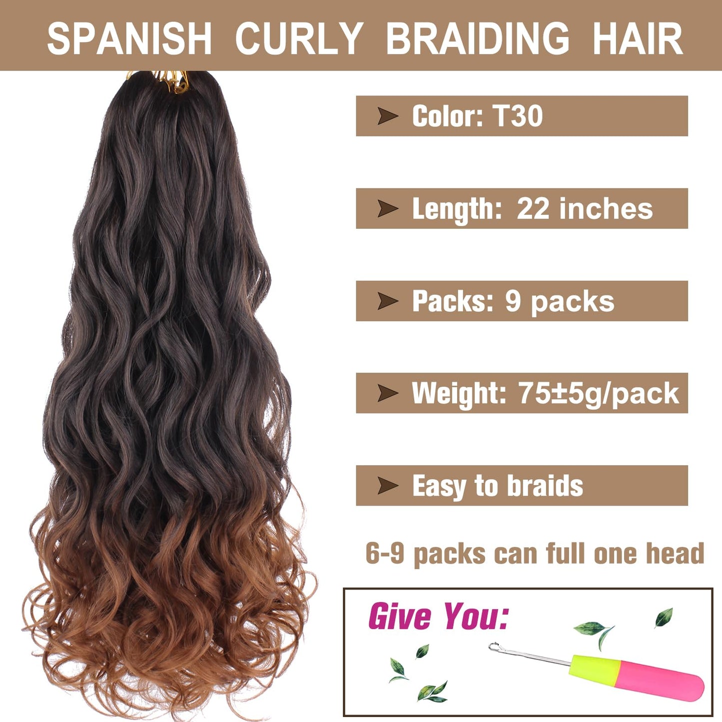 COOKOO 9 Pack Pre Stretched French Curls Braiding Hair 22 Inch 75g/Pack Ombre Brown Goddess Crochet Hair Loose Wavy Crochet Braids Hair with Curly Ends Wavy Synthetic Braiding Hair Extensions T30#