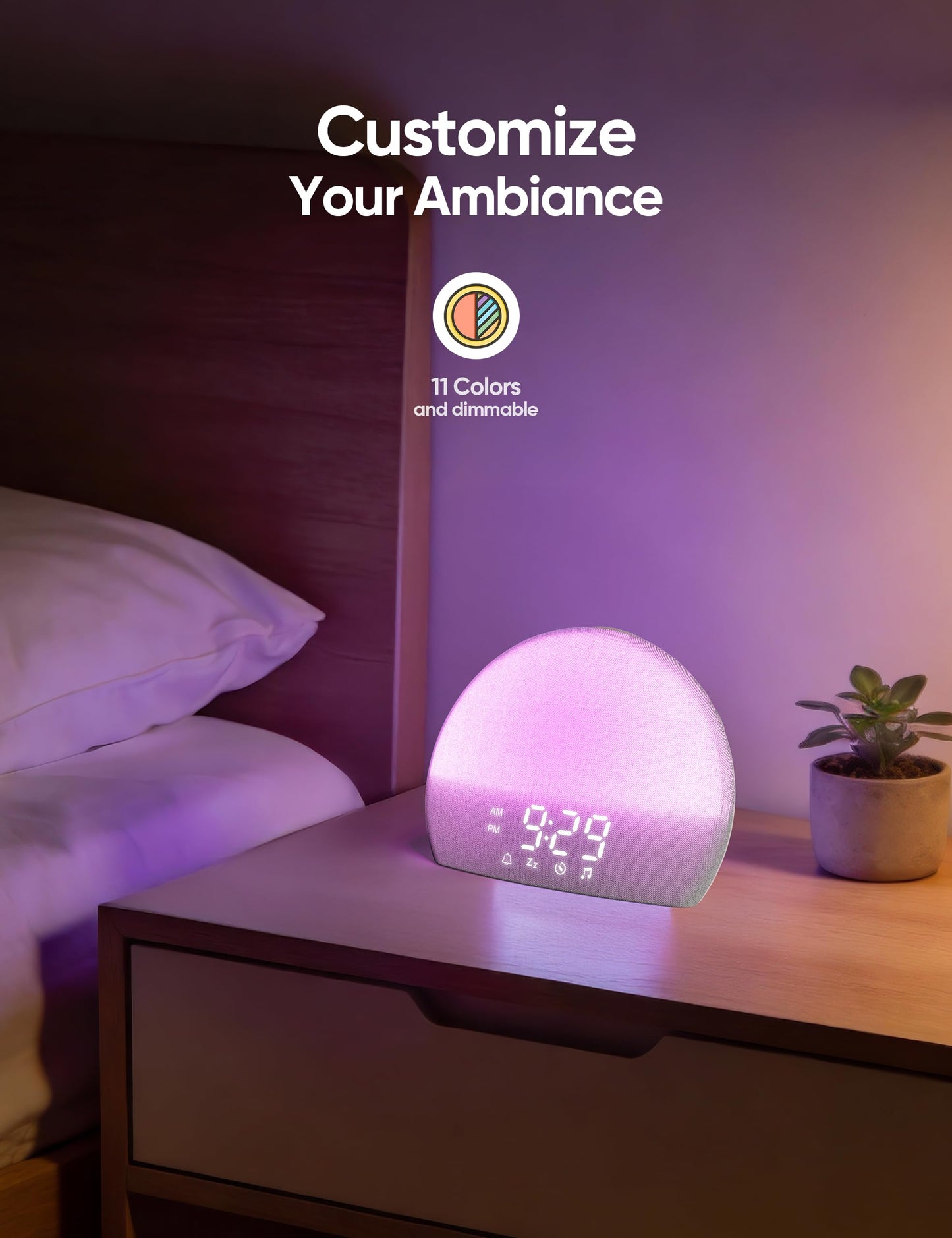 ERZERT Sunrise Alarm Clock & White Noise Machine for Adults and Kids 30 Soothing Sounds and 15-180 Mins Sleep Timer, Includes 11 Color Night Light & Naural Wake Up Light and Easy-Button Set Alarms