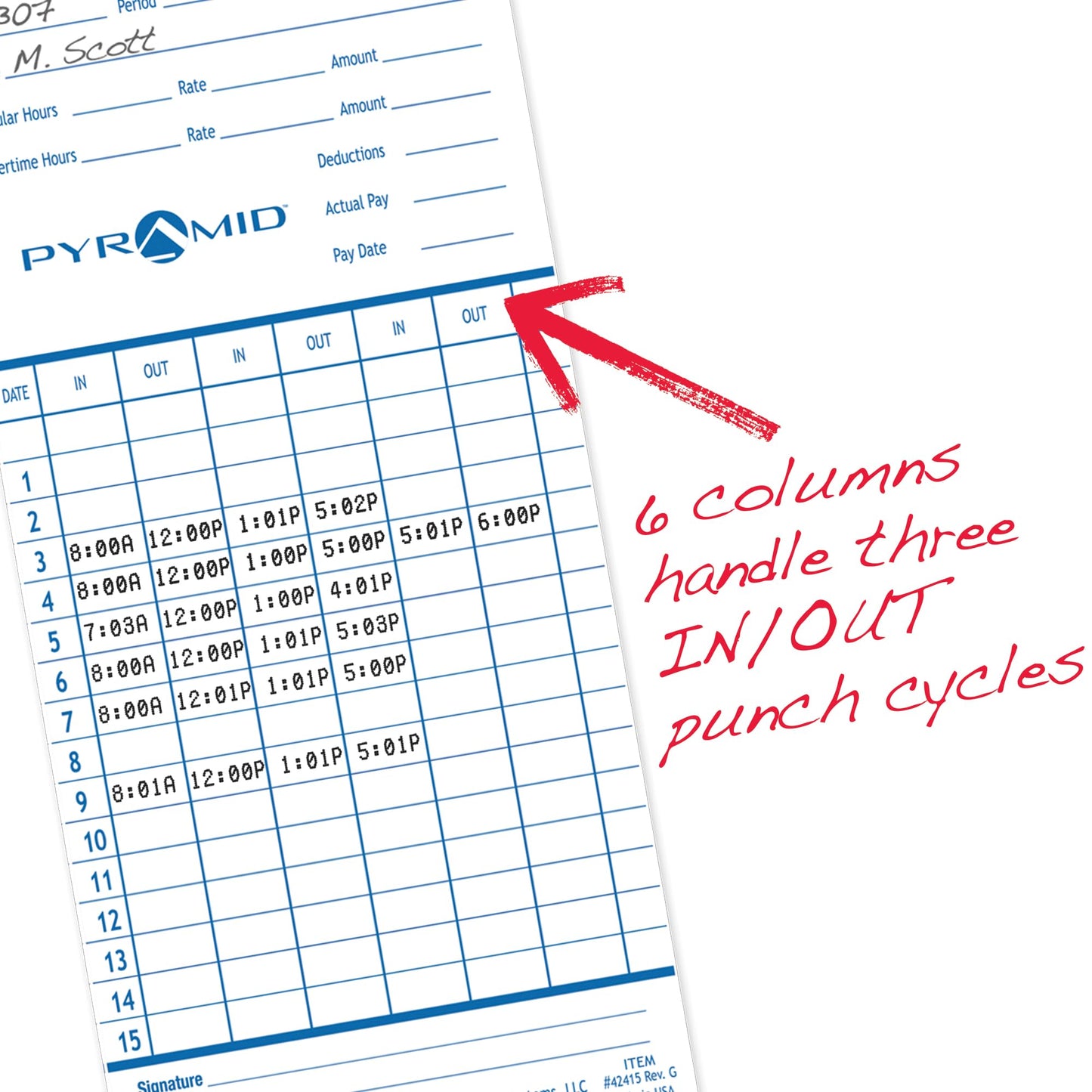 Pyramid Time Systems - Genuine and Authentic Time Cards (42415) for Pyramid Models 2500, 2500K1, 2600 and 2650 Auto Aligning Time Clocks, Double Sided Time Sheets (3.38 x 7.44 in) - 100 Time Cards