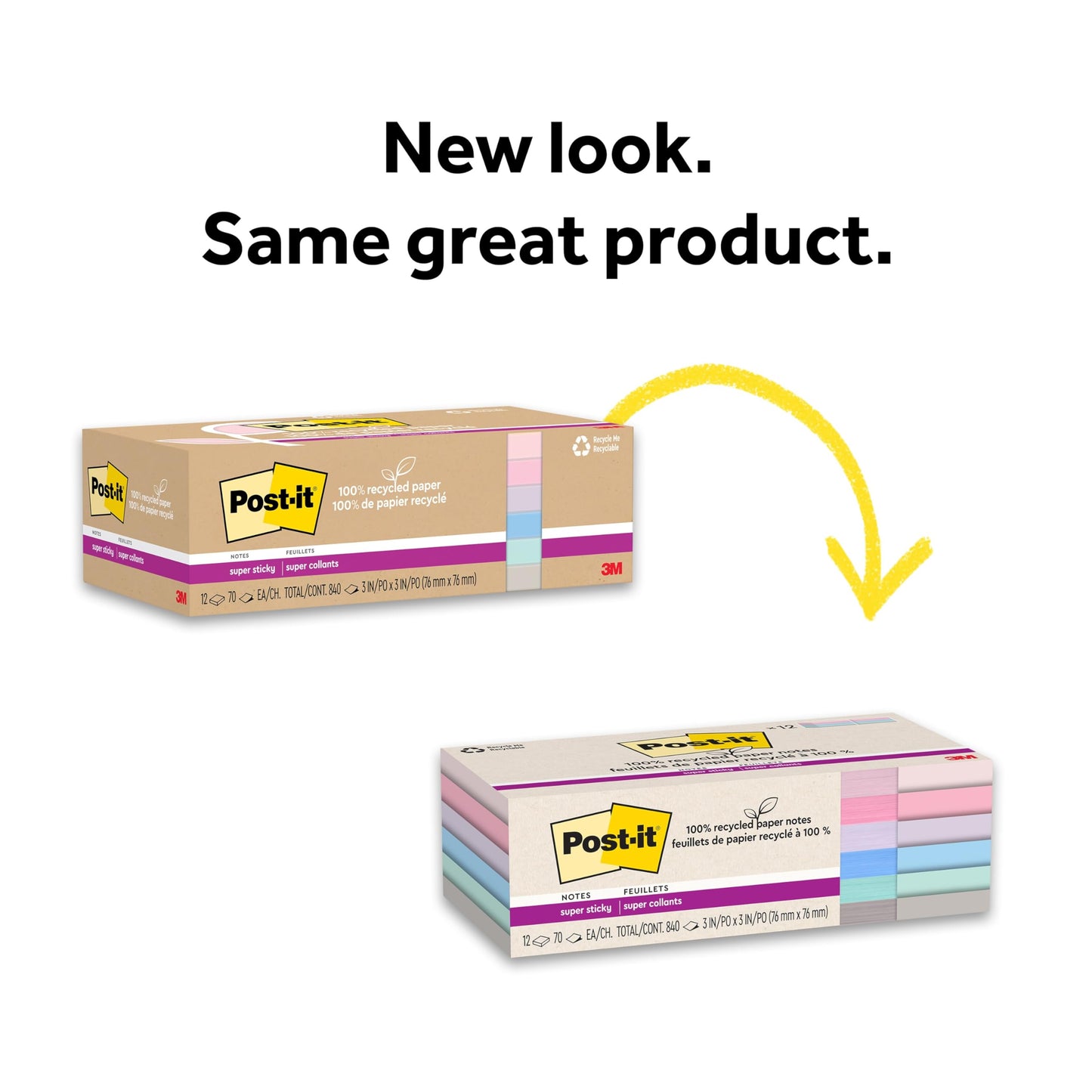 Post-it 100% Recycled Paper Super Sticky Notes, 2X The Sticking Power, 3x3 in, 12 Pads/Pack, 70 Sheets/Pad, Wanderlust Pastels Collection (654R-12SSNRP)