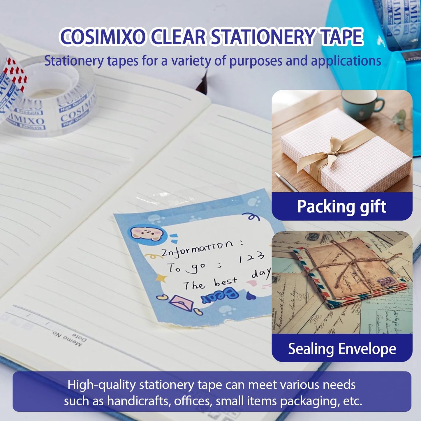 COSIMIXO 96Rolls Crystal Clear Tape Refills with Dispenser, 3/4Inch x 1000 inch,Bulk Transparent Tape,Office Stationery Tape for Home and School or Craft Room for Gift Wrapping