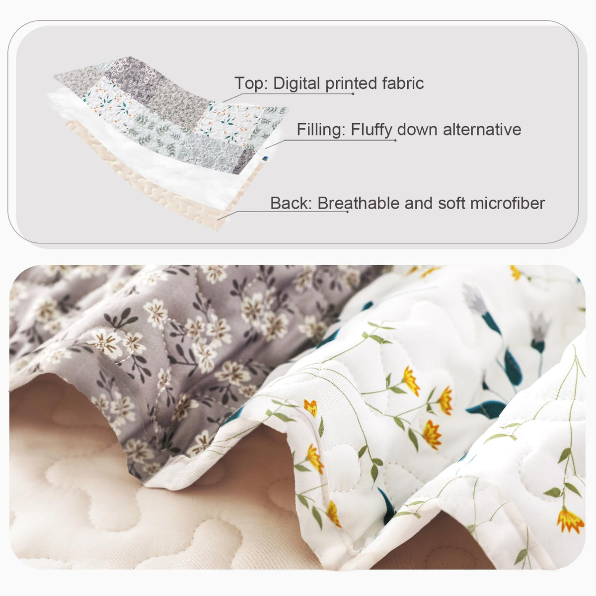 Whale Flotilla 3-Piece Printed Queen Size Quilt Bedding Set with 2 Pillow Shams Lightweight Reversible Bedspreads Coverlet Set for All Season, Light Grey