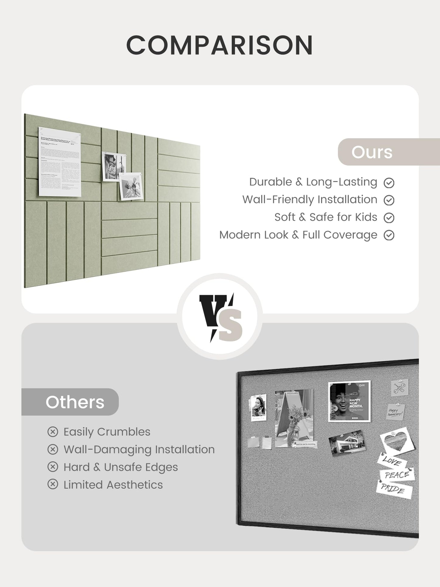 Bumusty Large Felt Bulletin Board, Cork Board Alternative, 6-Pack Bold Stripe Felt Wall Tiles with 30 Push Pins and 40 Adhesive Tabs, Ideal for Office, Home & Classroom, Sage