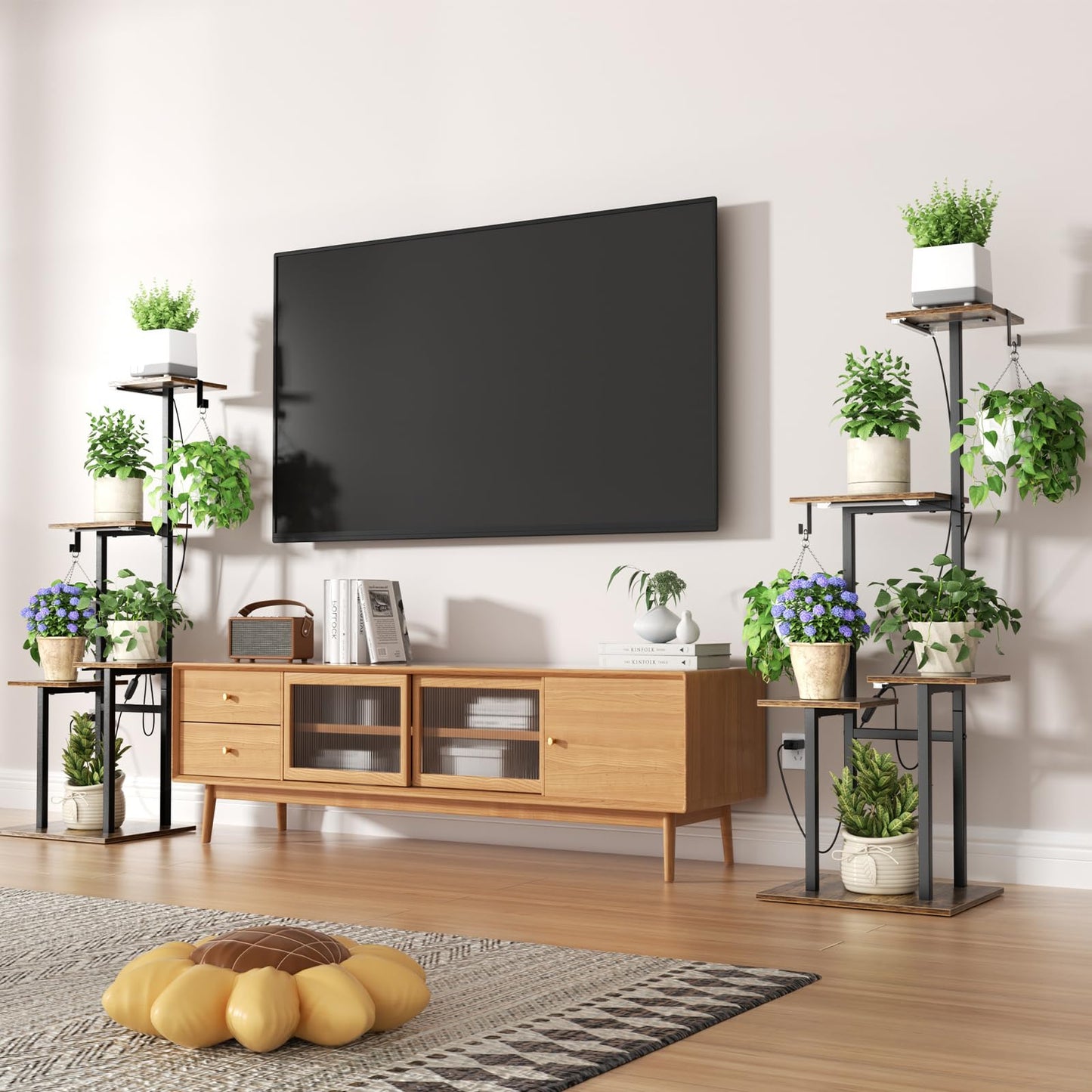 unlumm Plant Stand Indoor with Grow Lights, 46" Metal Corner Plant Shelf with 3 LED Lights, 5-Tiered Tall Plant Flower Holders with 2 Hanging Hooks for Living Room, Garden, Patio (Black Brown)