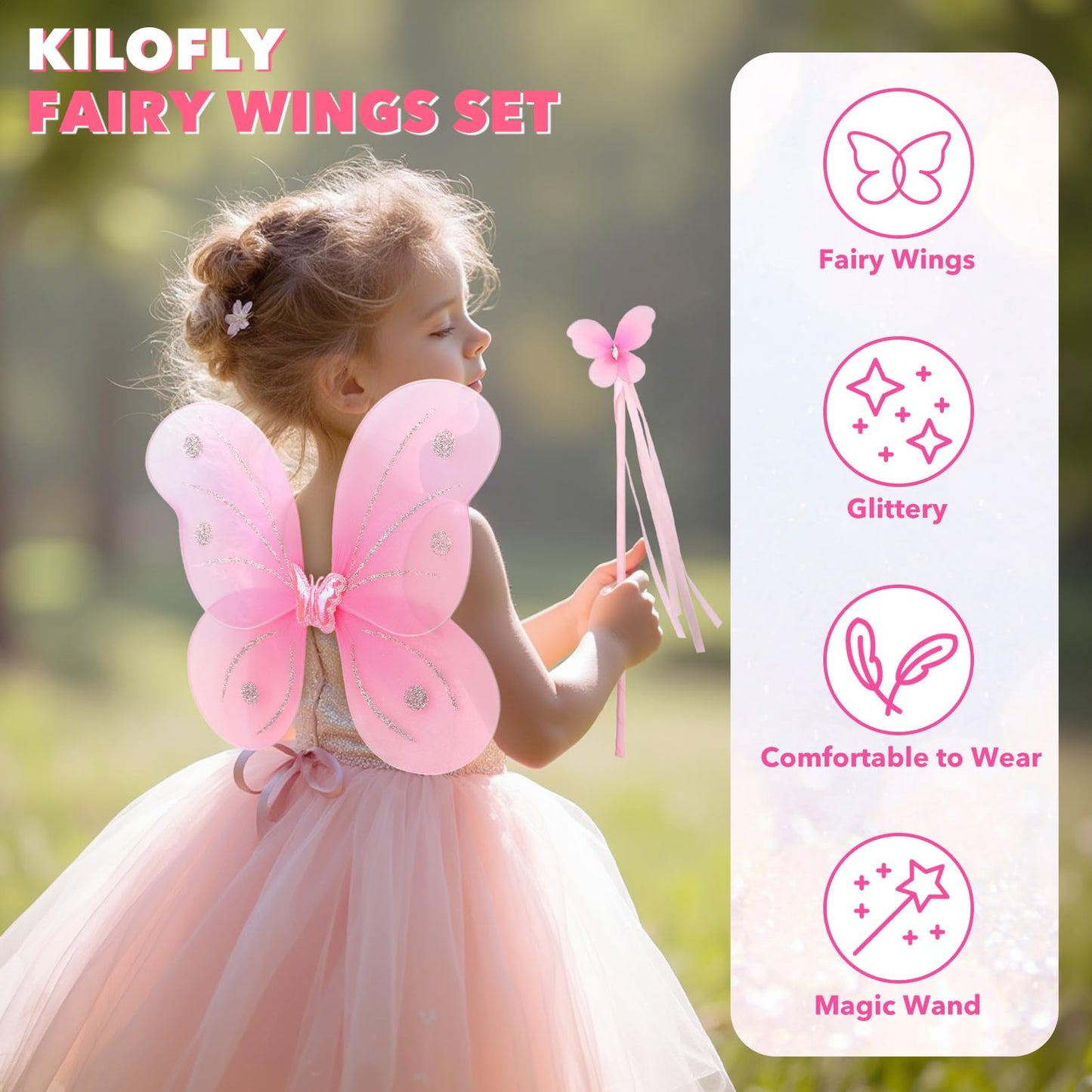 kilofly 8 Sets Angel Butterfly Wings Fairy Wands Princess Dress Up Costume