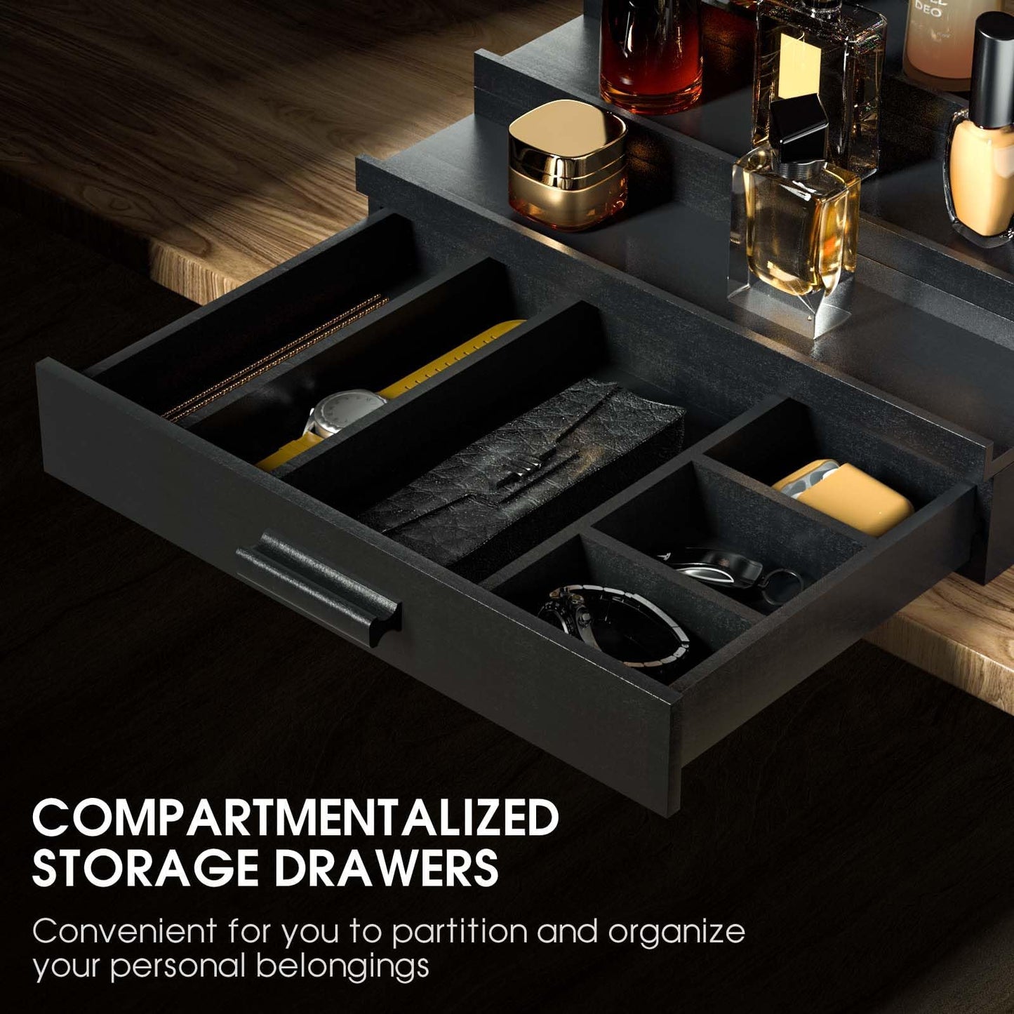 Wooden Cologne Organizer for Men, 3 Tier of Elevated Cologne Display Shelf with Drawer Storage, Perfume Organization and Storage Display Risers,Great Gift for Man (Black)