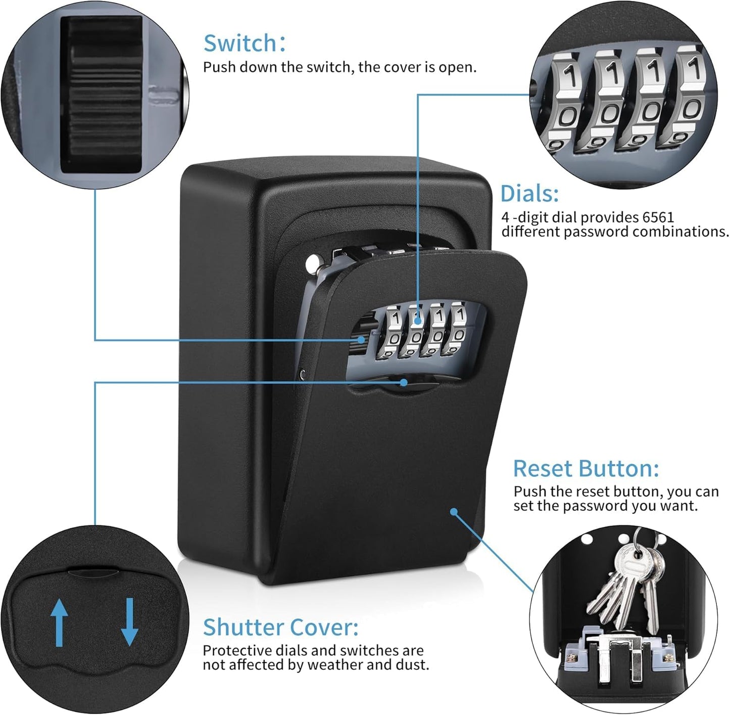 Key Lock Box,4 Digit Combination Weatherproof Lockbox for Outside House,5 Keys Large Capacity Lockbox,Key Safe Security Storage Lock Box with Resettable Code for Indoor Outdoor Garage(2 Pack, Black)