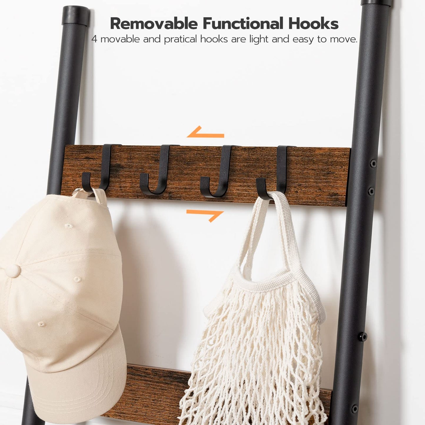 HOOBRO Blanket Ladder, 5 Tier Ladder Shelf, Wall-Leaning Blanket Rack with 4 Removable Hooks and Storage Pocket, Towel Drying and Display Rack for Bathroom, Bedroom, Rustic Brown BF32CJ01