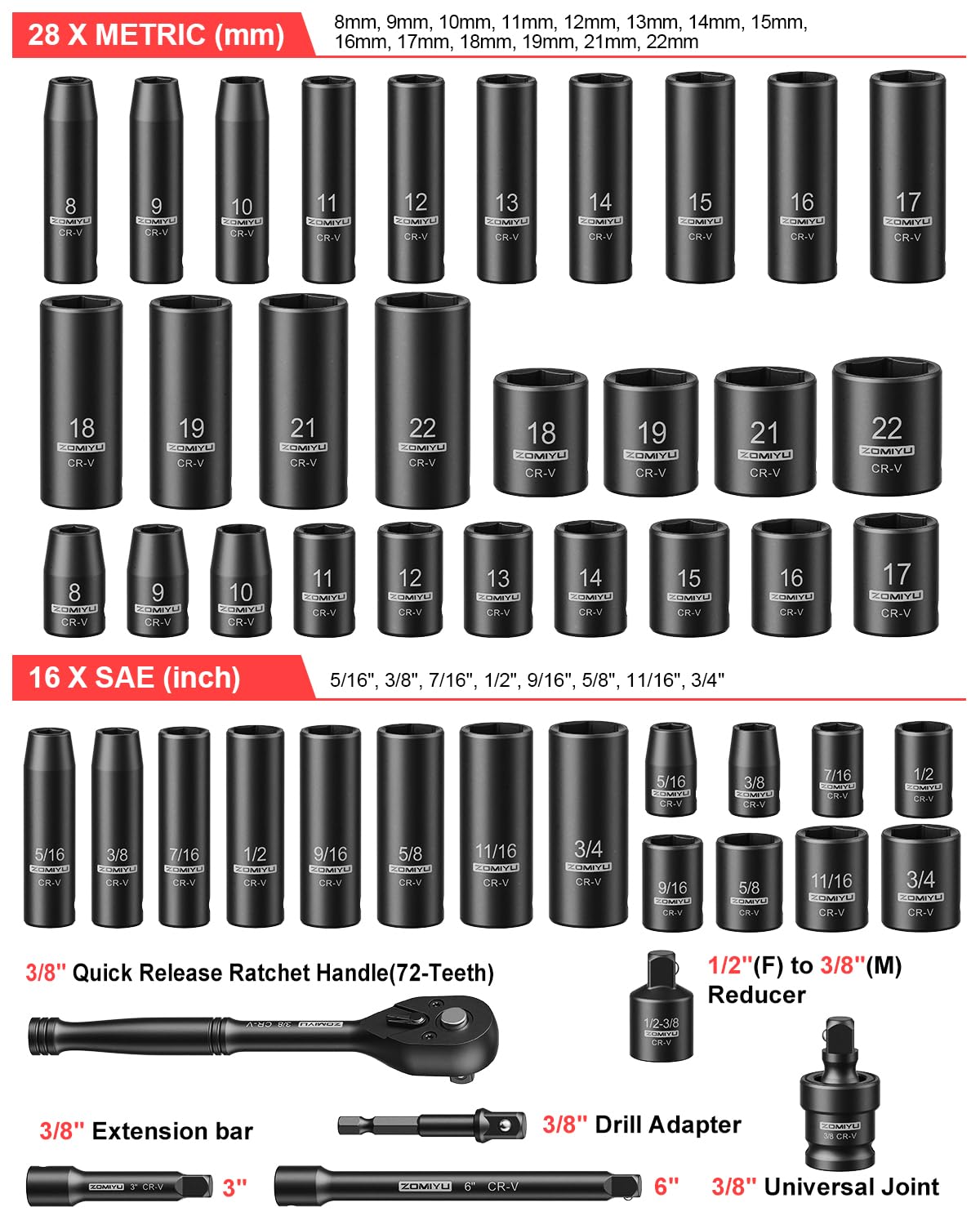 ZOMIYU 3/8" Drive Socket Set, SAE & Metric(5/16"-3/4"&8-22mm),6 Point Deep & Shallow Impact Socket Set,72-Teeth Ratchet Wrench,Extension Bars,Universal Joint,Adapter & 1/2" F to 3/8" M Reducer-50 PCS