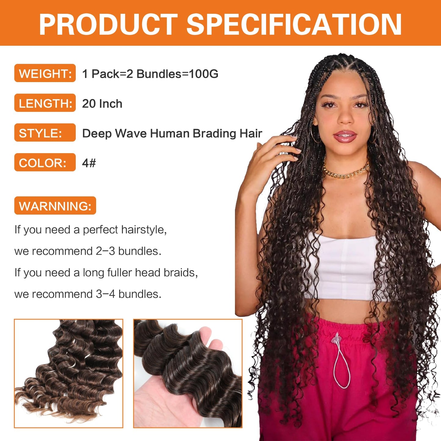 Yacurcur Human Hair for Braiding Deep Wave for Boho Braids No Weft Human Hair Bundles for Braiding Brazilian Virgin 20 Inch(100g, 4#)
