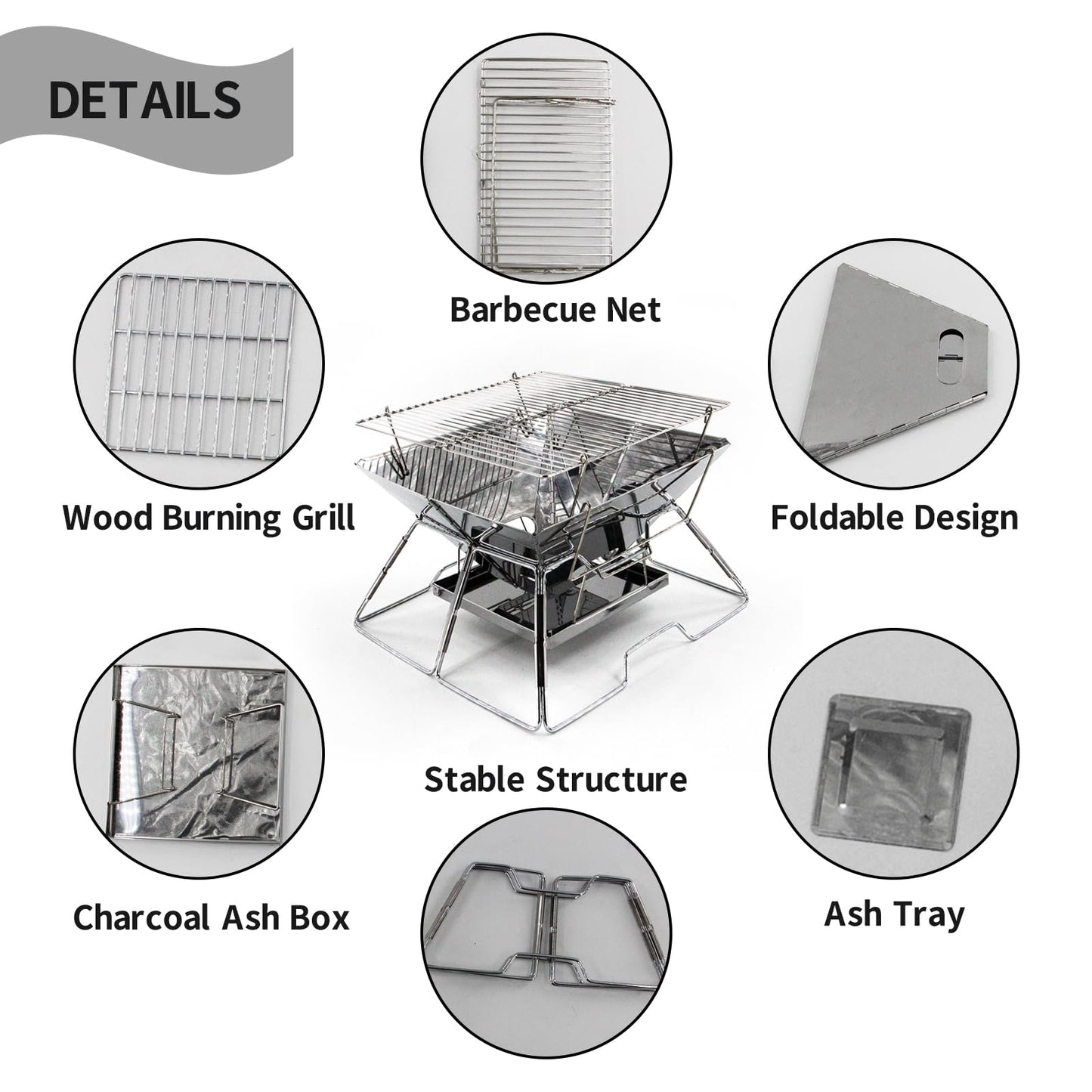 Collapsible Stainless Steel Fire Pit -OZHOMY Portable 304 Stainless Steel Grill Campfire Pit Liftable Wood Burning Charcoal Grill with Ashtray for Camping Picnics Backpacking Backyard Garden (Large)