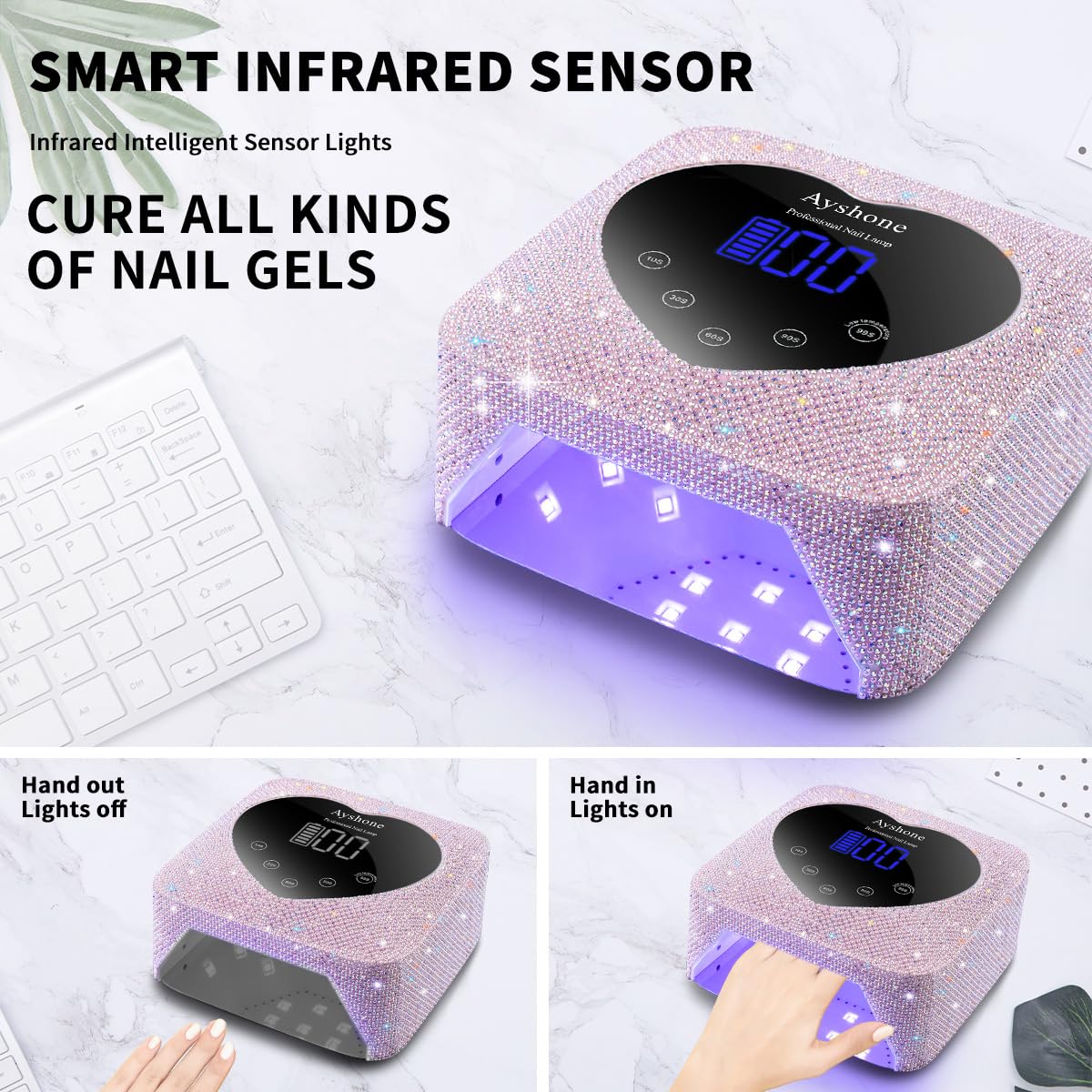 Ayshone Cordless UV LED Nail Lamp,72W Rechargeable Nail Dryer Gel Polish Light with Large LCD Display,Rechargeable Nail Curing Lamp for Salon & Home (Pearl Pink)