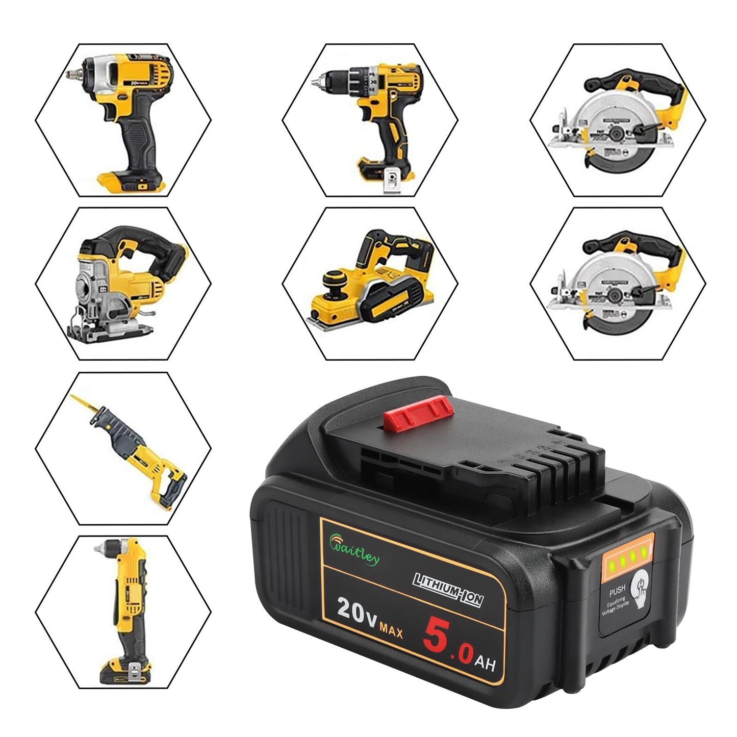 2 Pack Waitley 20V 5.0Ah Replacement Battery Compatible with Dewalt DCB200 DCB203 DCB204 DCD780 DCD785 DCD795 DCF885 DCF895 DCS380 DCS391 Li-ion Battery Tools