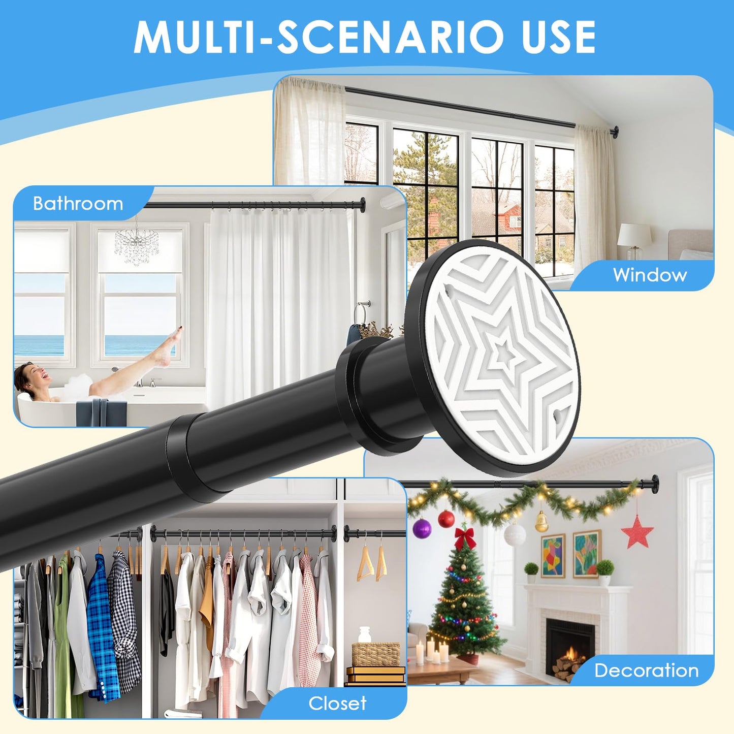 Tension Curtain Rod Extra Long Outdoor Curtain Rod Black Shower Curtain Rods No Drilling 31-168 In(2.58-14Ft)Adjustable Spring Tension Rods Heavy Duty for Bathroom Patio Window Rust Proof