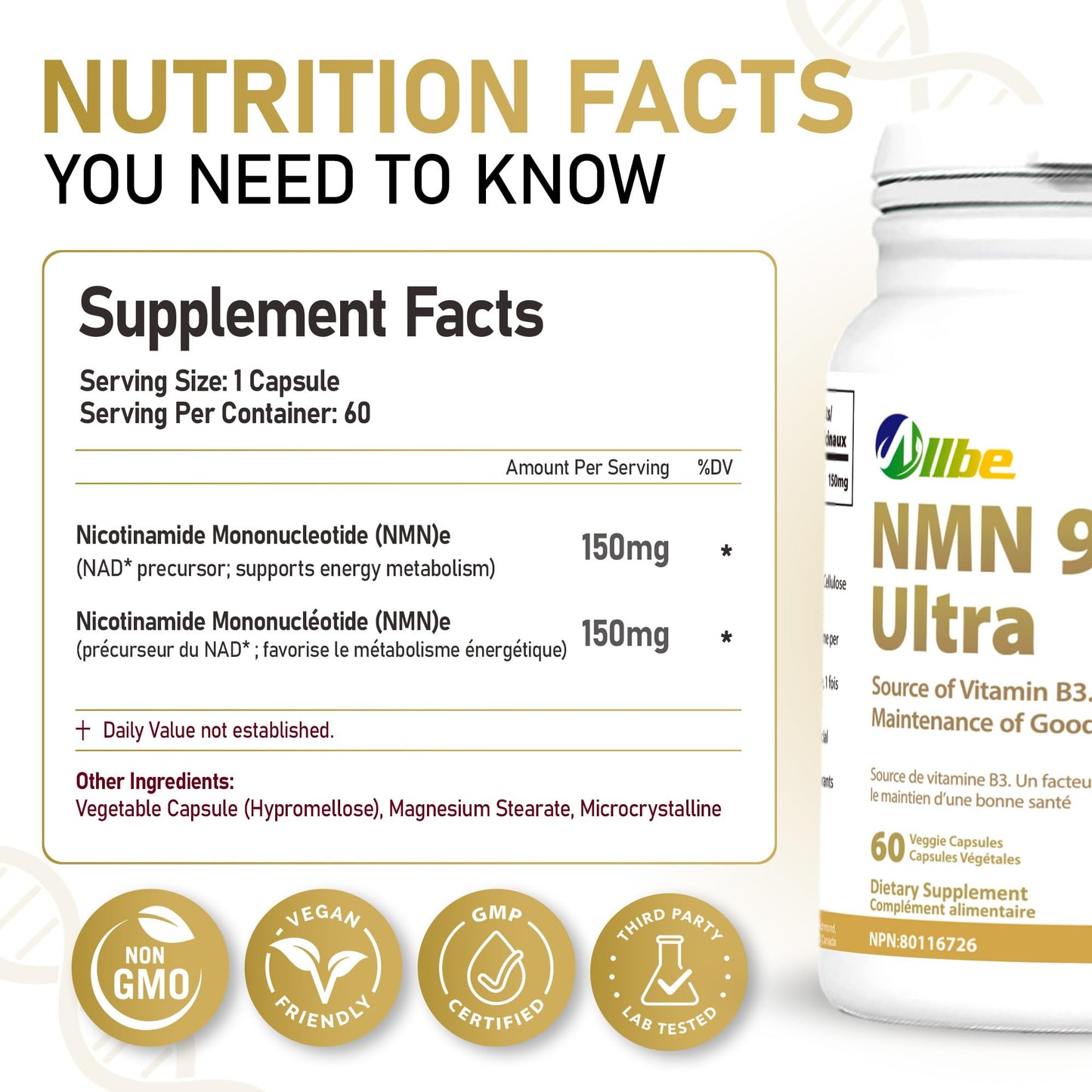 ALLBE NMN 9000 Ultra Capsules - NAD Supplement Canada for Cellular Energy Metabolism, Repair, Immunity and Healthy Ageing - Shelf Stable Nicotinamide Mononucleotide 150 mg Servings - (Pack of 2, 1x60 Capsules)
