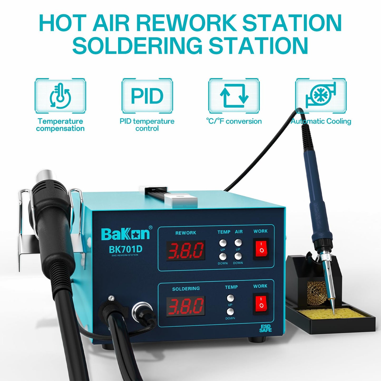 BK701D 700W Hot Air Soldering Station 2-in-1 Kit, SMD Hot Air Rework Soldering Station, Multiple Functions Electronics Kit, Led Digital Display, Knob Type Adjustable Temperature