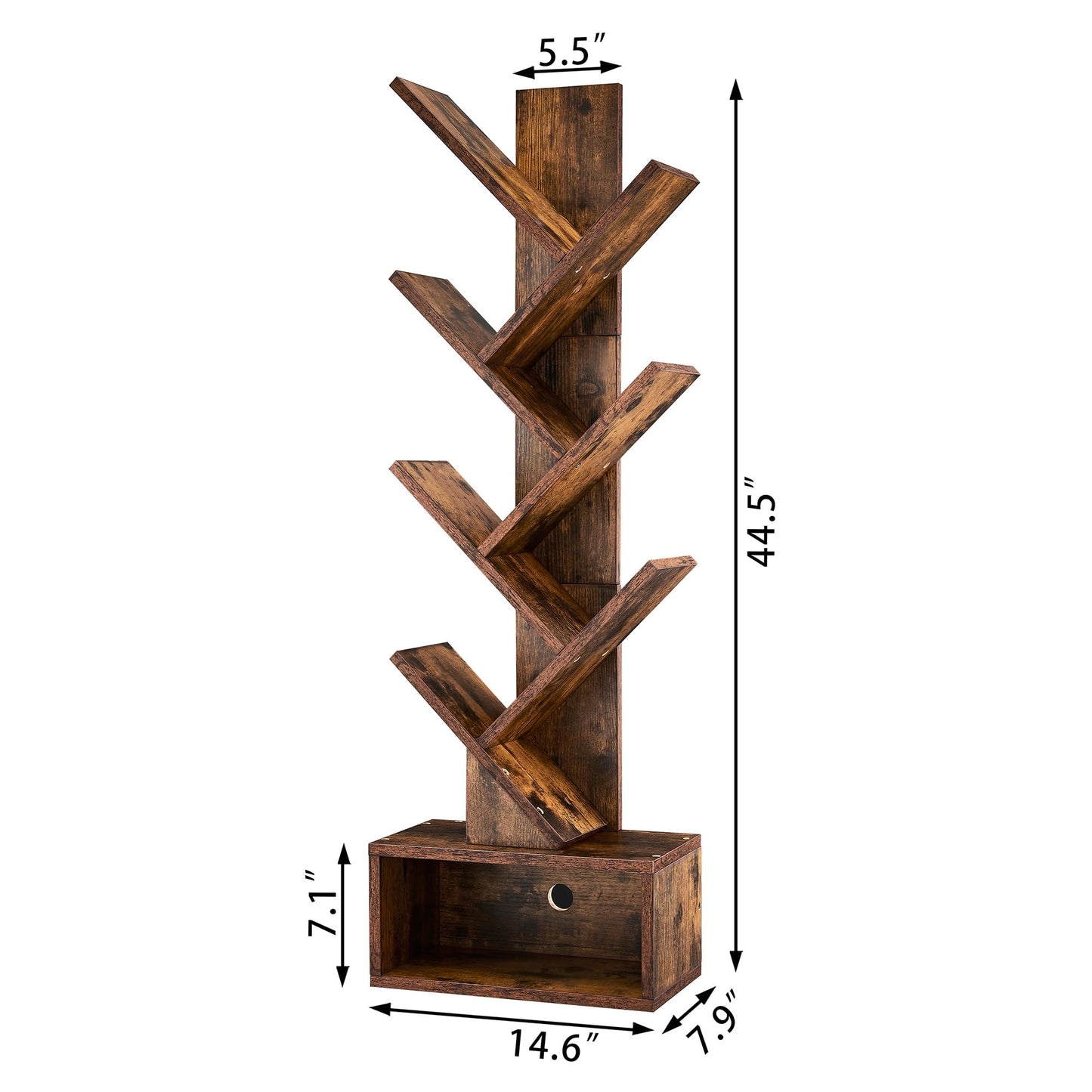 Hoctieon 6 Tier Tree Bookshelf, Tall Bookcase with Drawer, Freestanding Book Shelf, Display Floor Standing Storage Shelf, Book Organizer Shelves for Home Office, Rustic Brown