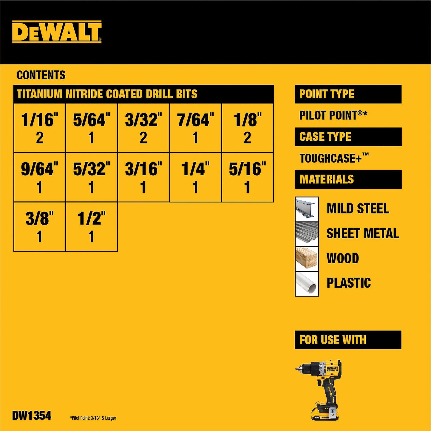 DEWALT Drill Bit Set, Titanium Nitride Coated, 14-Piece (DW1354) , Yellow