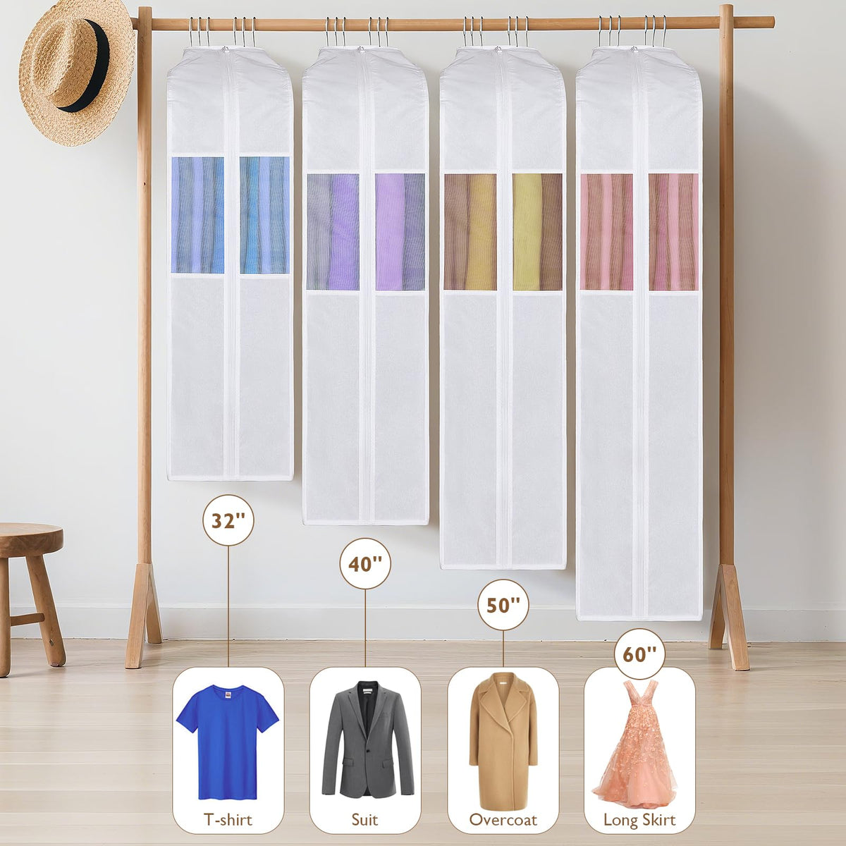 Univivi 50 Inch Breathable Cotton Garment Bags for Hanging Clothes and Storage,Washable Suit Cover Bag with Extra Large 10" Gusset & Clear Window - Perfect for Suits,Coats,Jackets - 2 Pack
