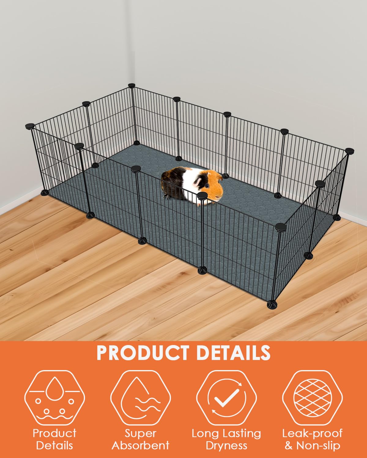 Bissap 2 Packs Guinea Pig Cage Liners, 47''X24'' Washable Guinea Pig Pee Pads Non Slip Reusable Fast and Super Absorbent Bedding for Small Animals Rabbit Hamster Chinchillas Rat - Grey