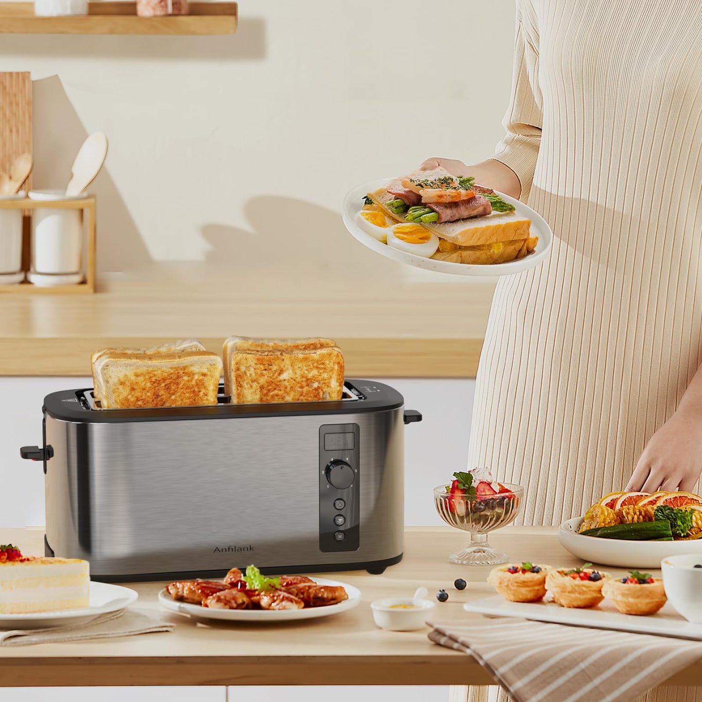 Anfilank Long Slot 4 Slice Toaster, Countdown Timer, 6 Browning Settings, Cancel/Bagel/Defrost Functions, Built-in Warming Rack, Removable Crumb Tray, Extra-Wide Long Slots - Stainless Steel