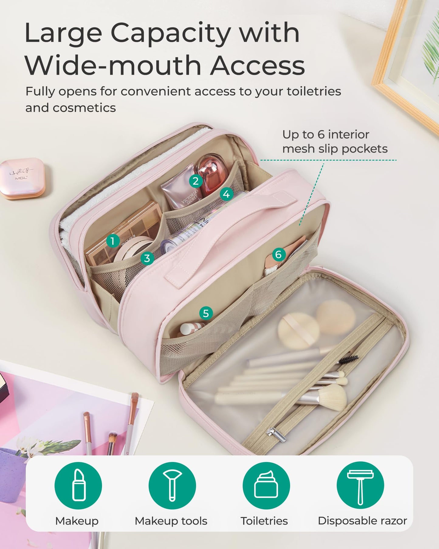 BAGSMART Toiletry Bag for Women, Wide-open Makeup Bag Organizer for Travel Essentials Travel-size, Water-resistant Large Capacity Cosmetic Bag for Accessories, Shampoo, Toiletries with Handle, Pink