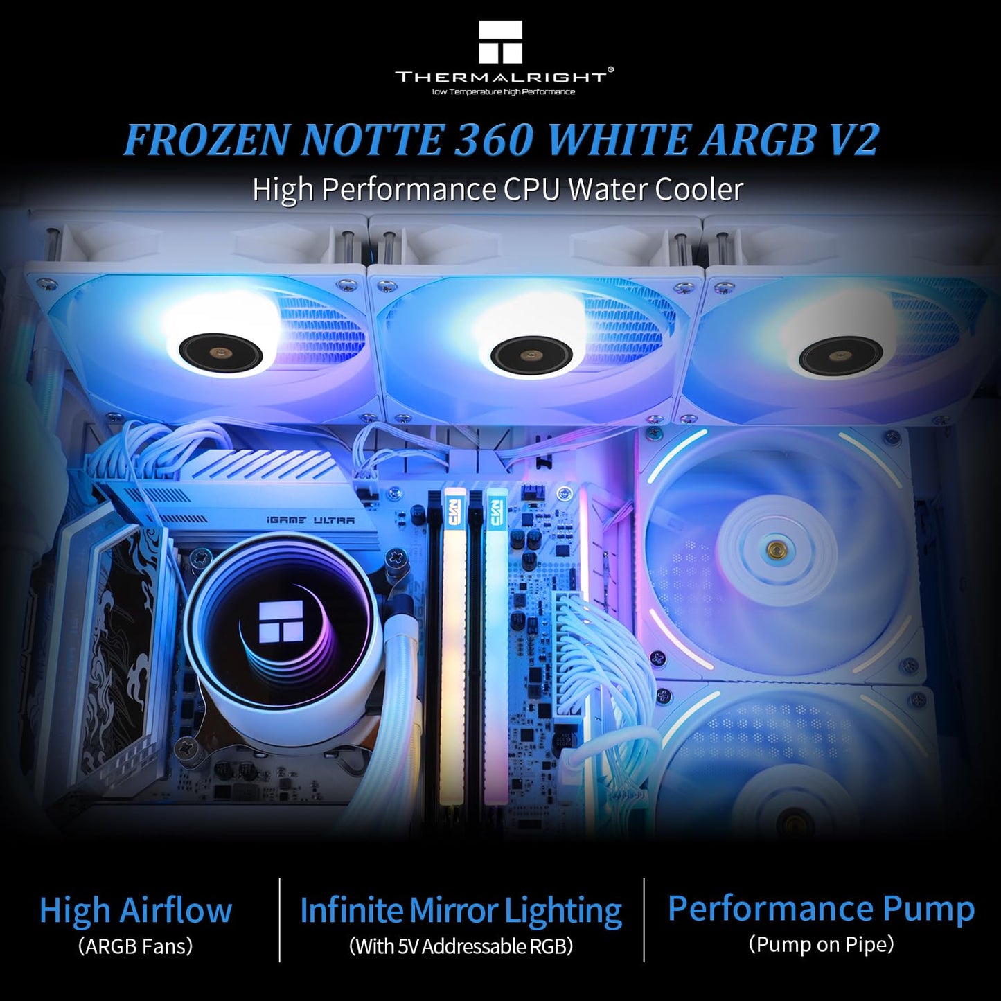 Thermalright Frozen Notte 360 White ARGB Water Cooling CPU Cooler, 360 CPU Cooler Specifications, 3×120mm PWM Fans, S-FDB V2 Bearings, Suitable for AMD/AM4, Intel LGA 1700/1150/1151/1200/2011/2066